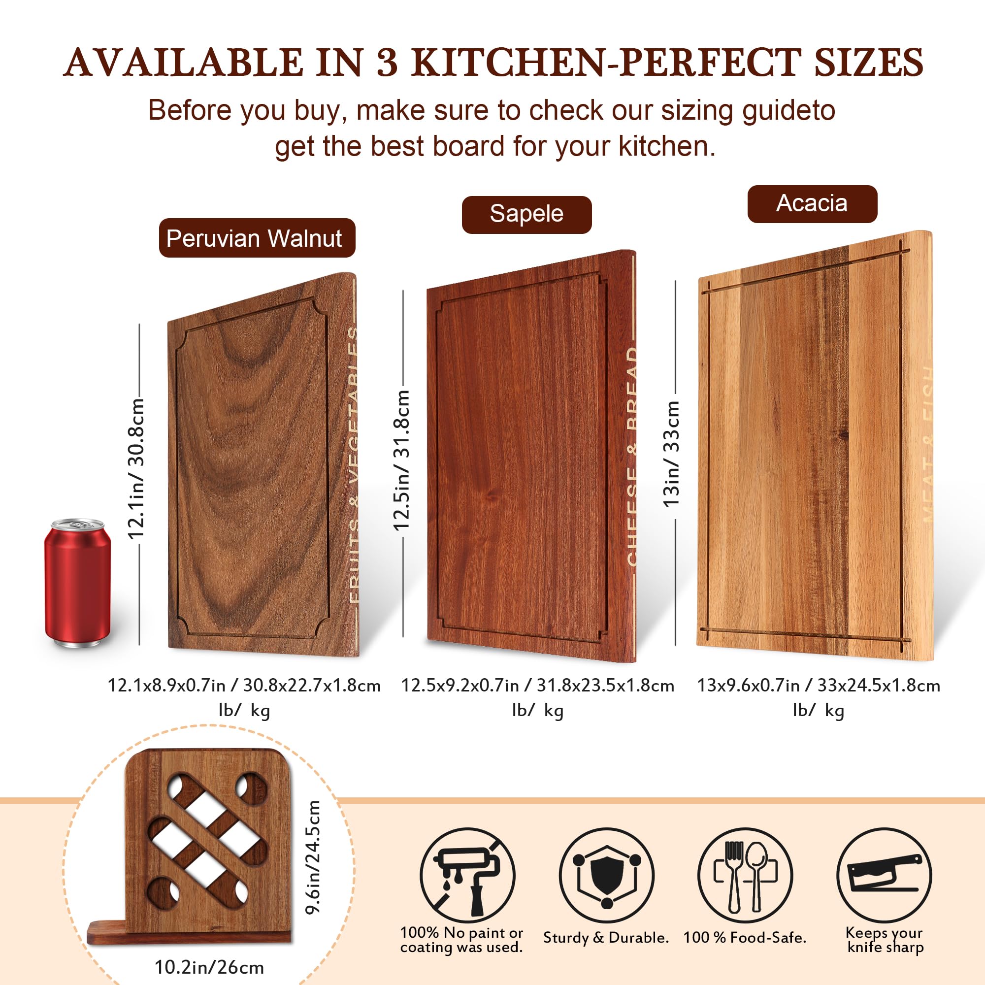 Set de 3 planches à découper en bois en forme de livres Acacia, Sapelli & Noyer du Pérou Planches décoratives et fonctionnelles avec support (Bois et marron)