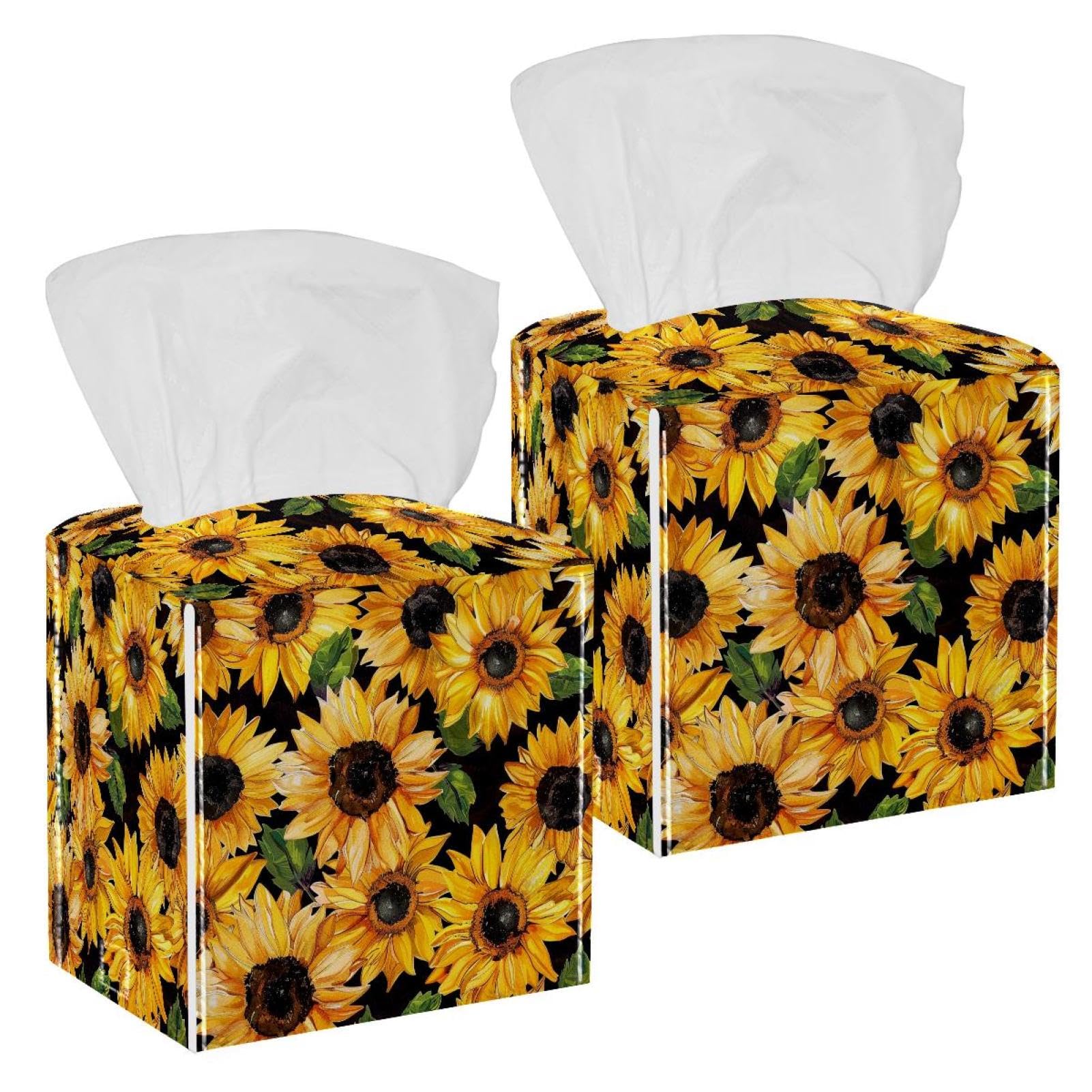 Sunflowers Tissue Box Cover, 2 Pack PU Leather Square Facial Tissue Dispenser Box holder for Home Office Car