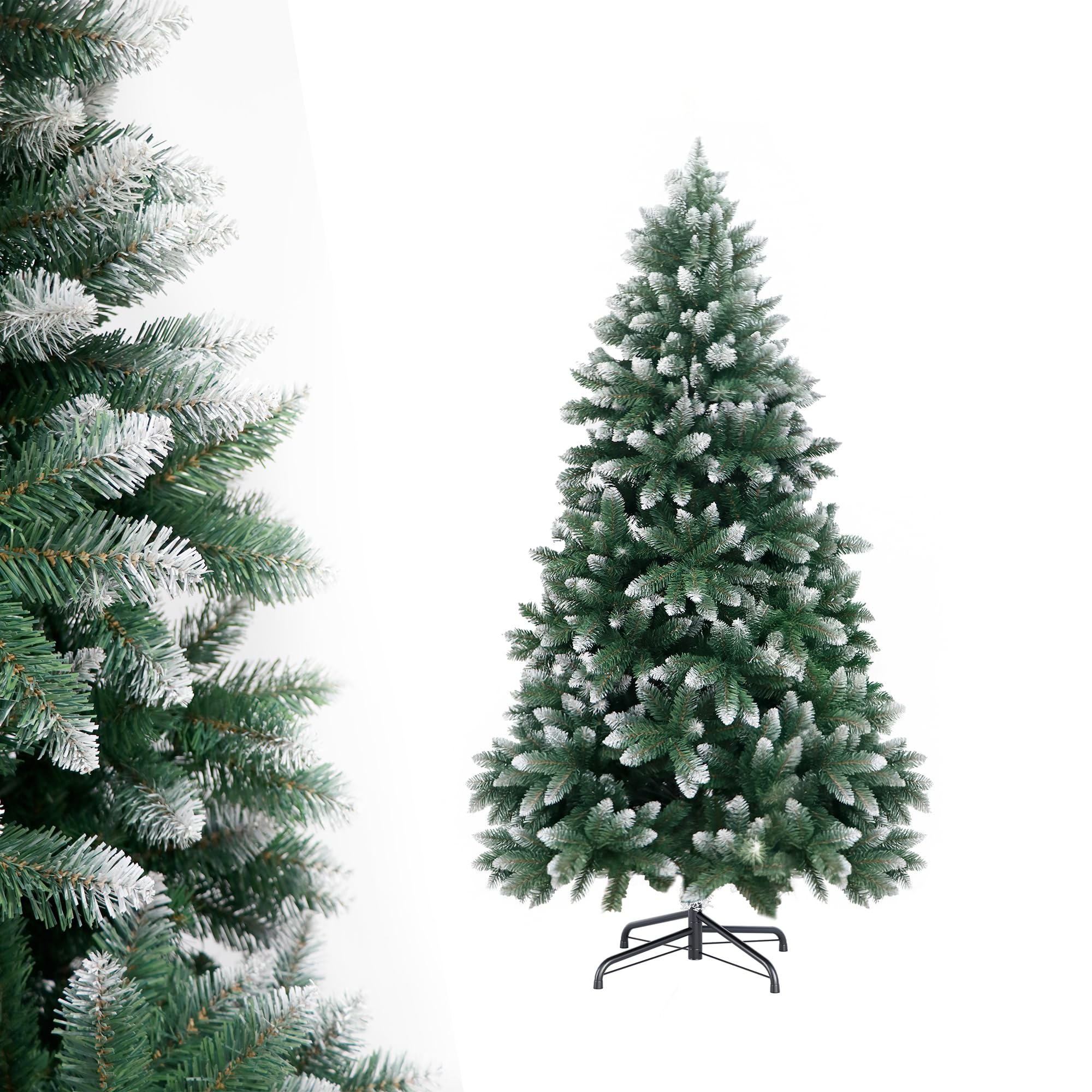 Beflockter Weihnachtsbaum 1,8 m (6 ft) – Künstlicher Schneebeflockter Tannenbaum mit 850 Spitzen, Realistischer Weiß-Grüner Look, Stabiler Metallständer, Weihnachtsdeko für Innen und Außen