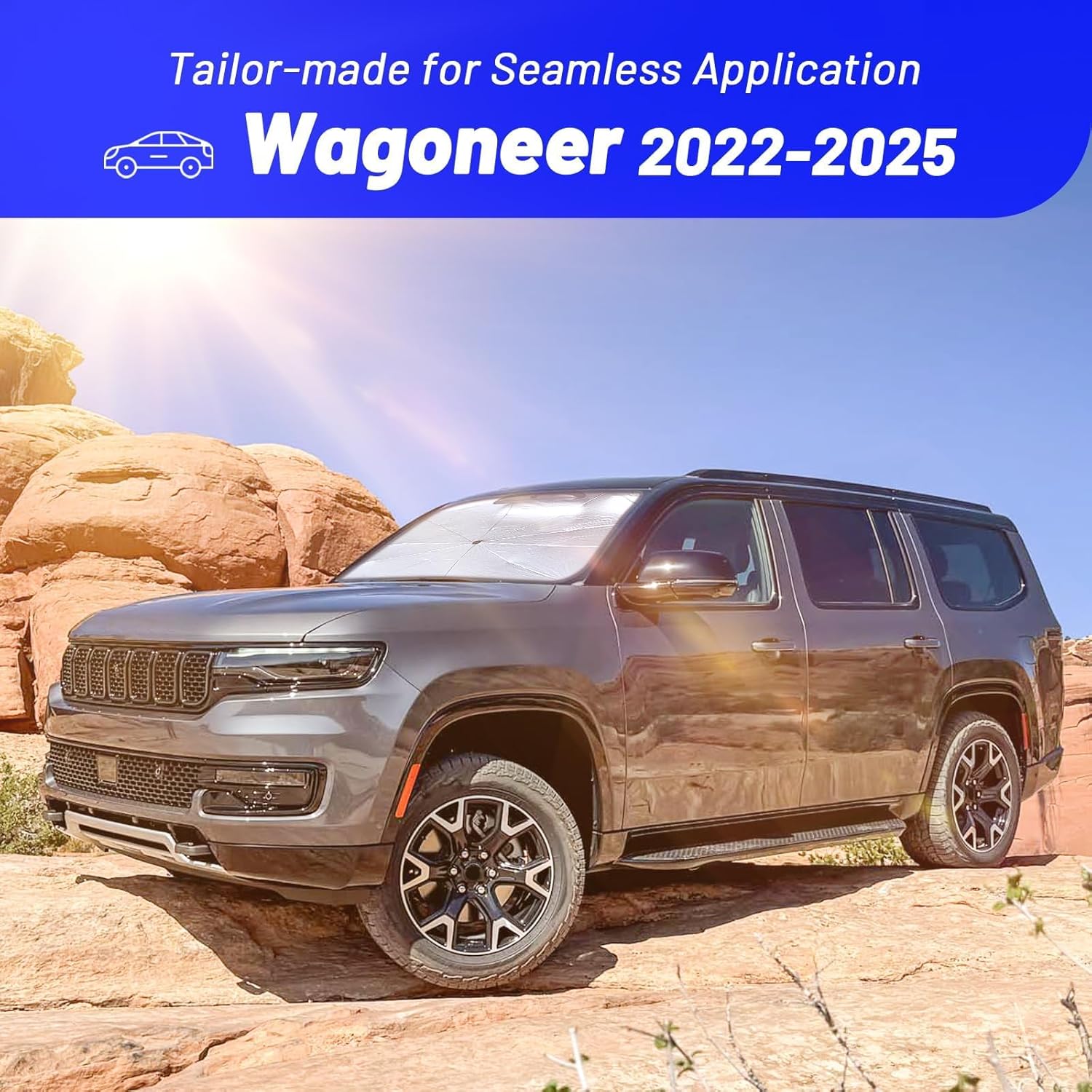 Windshield Sun Shade Umbrella for Jeep Wagoneer 2022-2025, Foldable Front Window Sunshade with 360° Rotating Shaft, Custom Fit Car Shades for Wagoneer Accessories with UV & Heat Protection