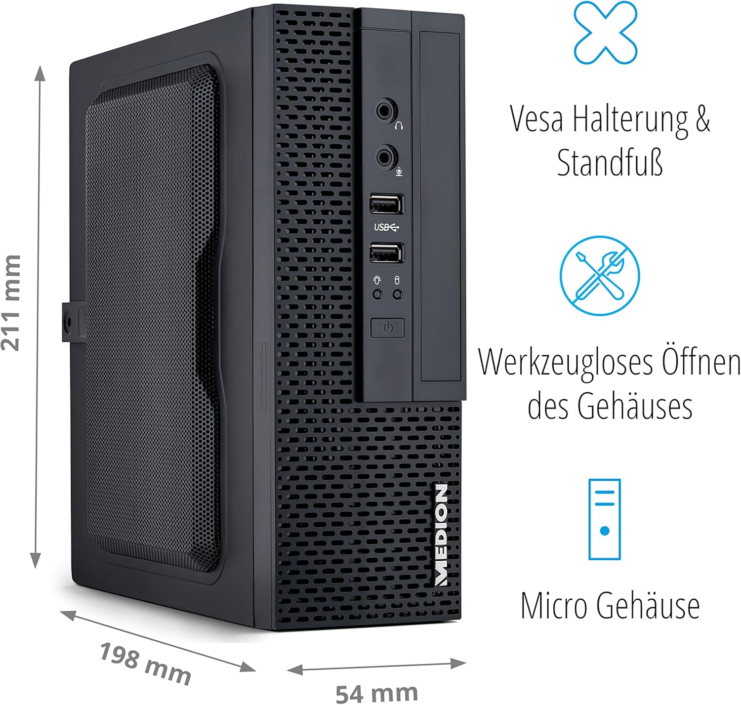 MEDION Akoya S3003 Desktop PC dimensions and VESA mount illustration