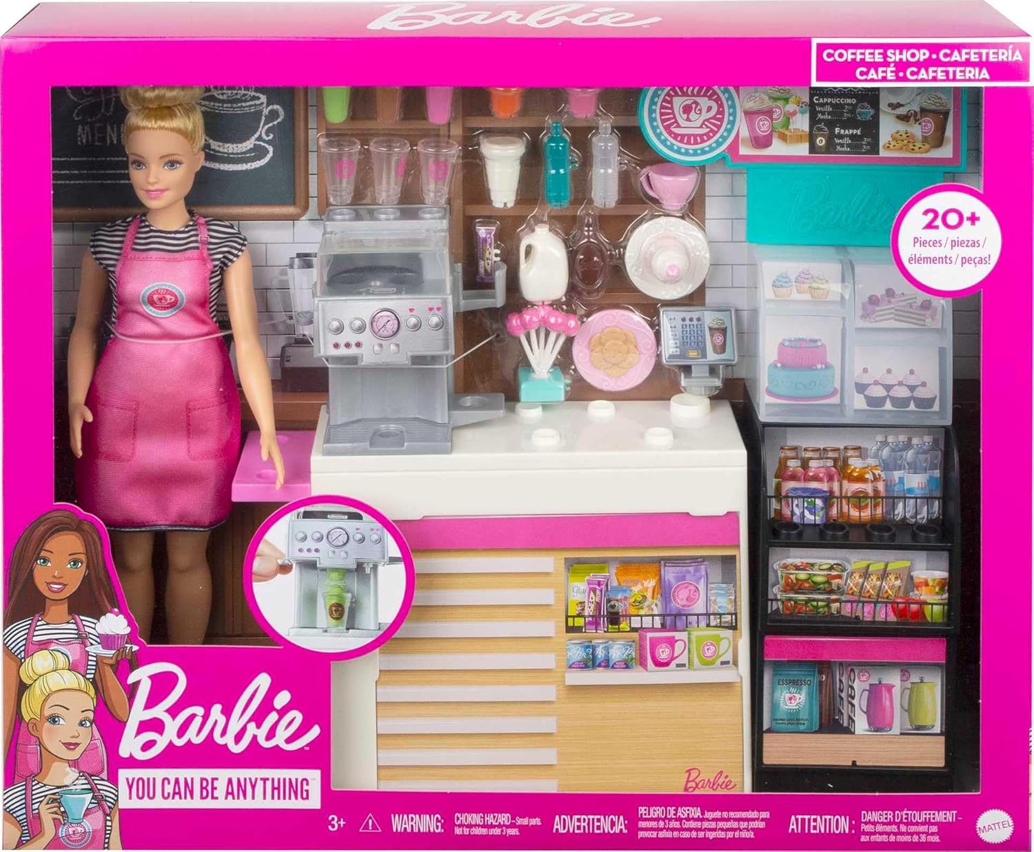 Barbie Coffee Shop with Blonde Curvy Doll and 20+ Realistic Play Pieces: Coffee Shop, Coffee-Smoothie Maker, Milk, Syrup, Coffee & Smoothie Cups & More; for Kids Age 3+