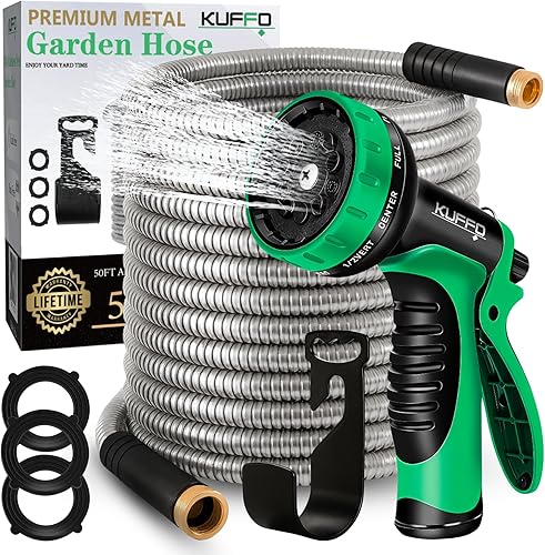 KUFFO Manguera de jardín de metal de 100 pies, manguera de agua de acero inoxidable 304 resistente con boquilla de 9 funciones, flexible, ligera,