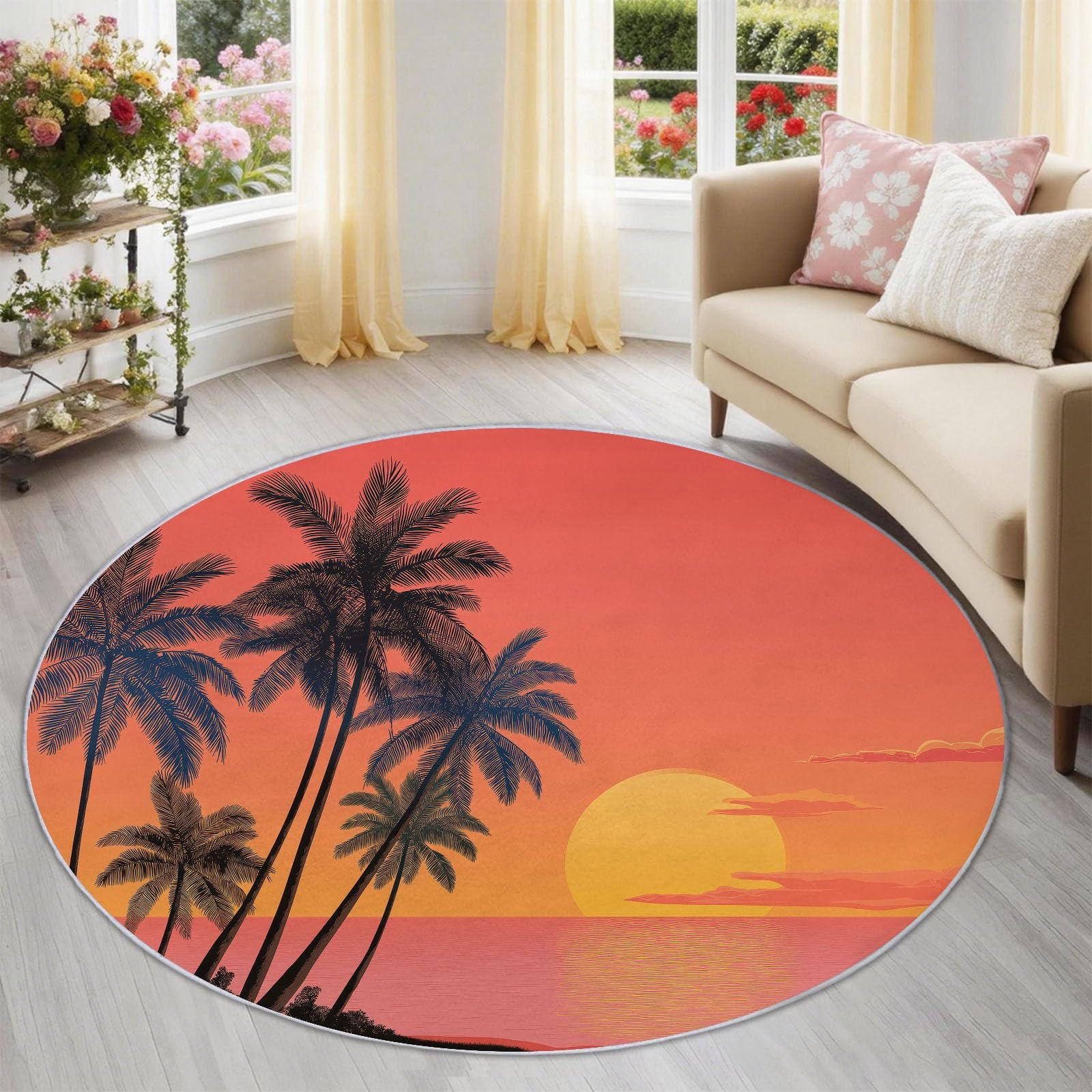 Teppich Rund 120 cm, Mehrfarbig Weich und Flauschig Teppich, Gegend Kreis rutschfest Waschbar Modern Strand Sonnenuntergang Palmen Bedruckt Bodenteppich für Wohnzimmer Schlafzimmer