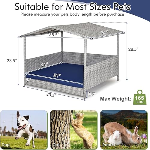 Miniatura 6 de Tangkula Casa de mimbre para perros, cama elevada de ratán para interiores y exteriores con cojín extraíble, funda lavable, techo impermeable,