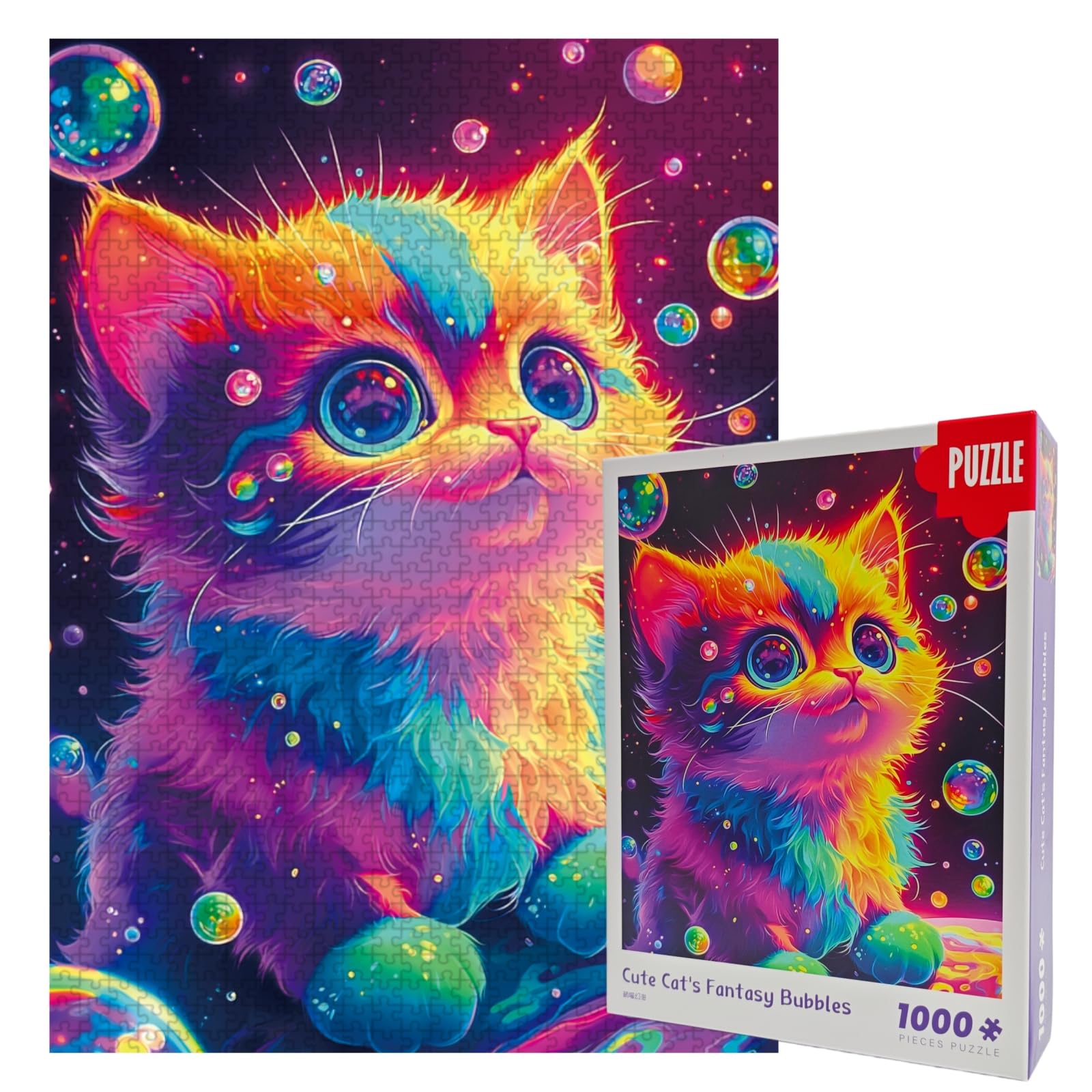 Jigsaw Puzzles for Adults 1000 Pieces, Rainbow Neon Fantasy Cat Puzzle, Magical Bubble Galaxy Kitten Jigsaw for Cat Lovers, Mindful Relaxation & Colorful Wall Art Decor, Vibrant Cat Art Puzzle Gift