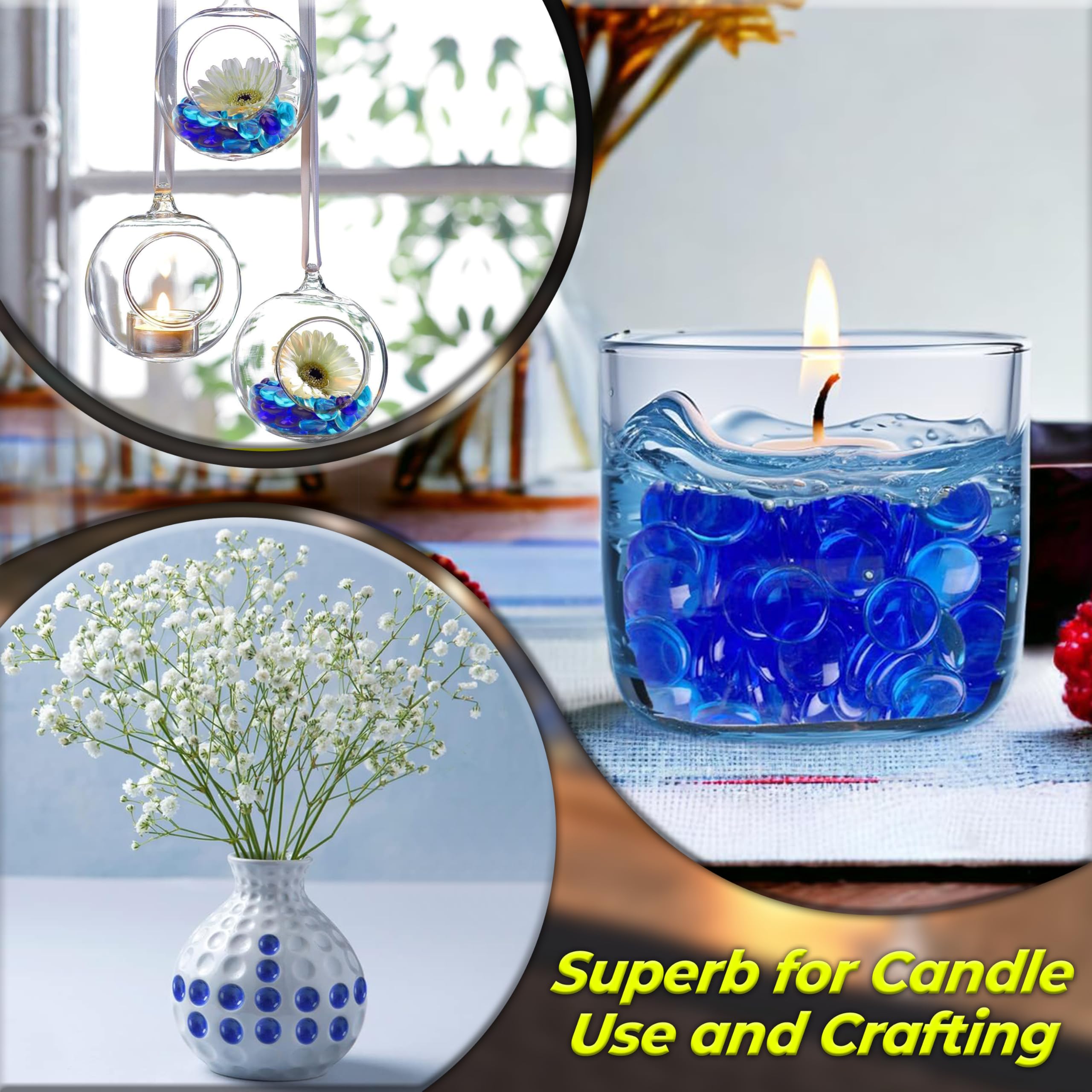 ARSUK 1LB de galets en verre plat bleu, perles pour vase de remplissage – Pierres précieuses en verre décoratives pour pierres de remplissage de vase, roches d’aquarium, loisirs créatifs, décoration
