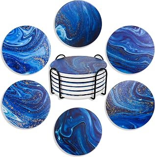 SEIFUD 6 Pieces Ceramic Drink Coasters with Holder, Absorbent Drink Coasters for Coffee Table, Suitable for Various Cups (Ocean Blue-1, 4 inches)