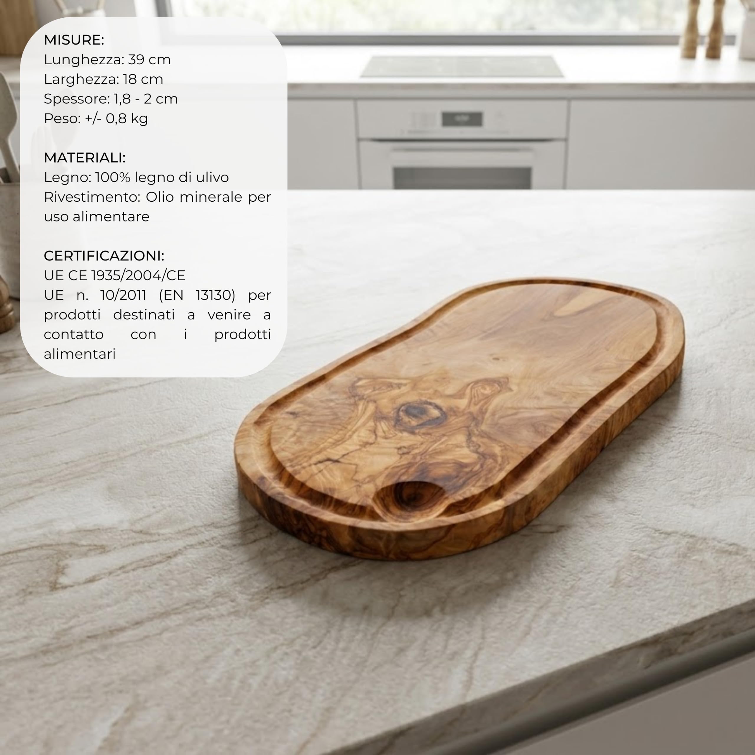 Erreke Tagliere in Legno di Ulivo Naturale con Scanalatura, 39 x 18 cm