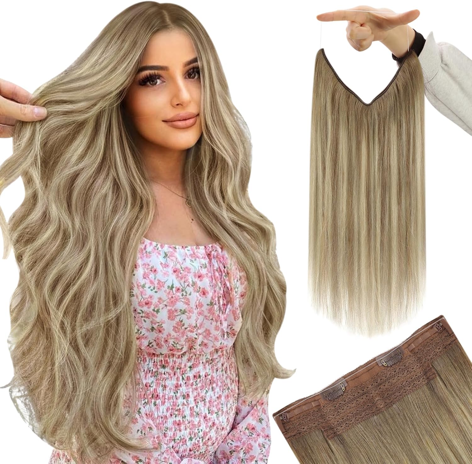 YoungSee Invisible Wire Hair Extensions Light Brown Wire Human Hair Extensions Balayage Light Brown Mix Platinum Blonde Soft Hair One Piece Hair Extension Real Human Hair 80G 14In
