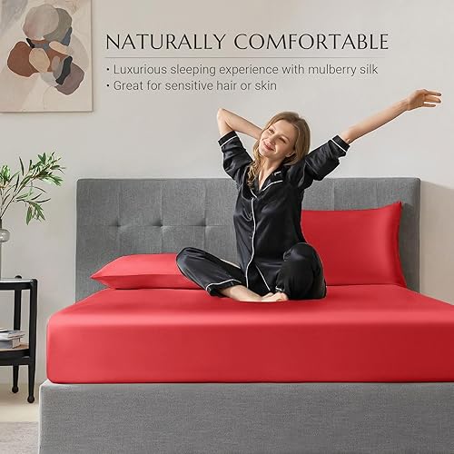 Miniatura 4 de TXHSILK - Sábanas 100% de seda, 3 piezas de seda 7A+, transpirables, no se arrugan, sábana bajera ajustable de 1 16 pulgadas de profundidad, 2