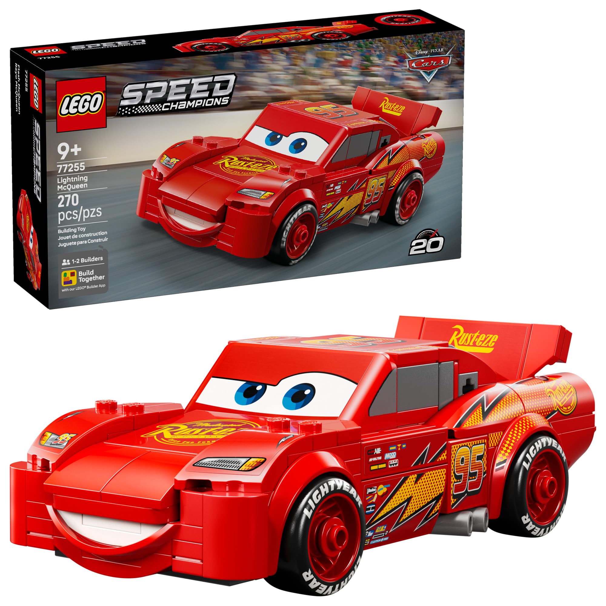 LEGO Speed Champions Lightning McQueen Juguetes - Bloques de construcción de Disney Pixar Cars para niños, niños y niñas, Edades 9+ - Juego de simulación de auto de carreras y exhibición para estante