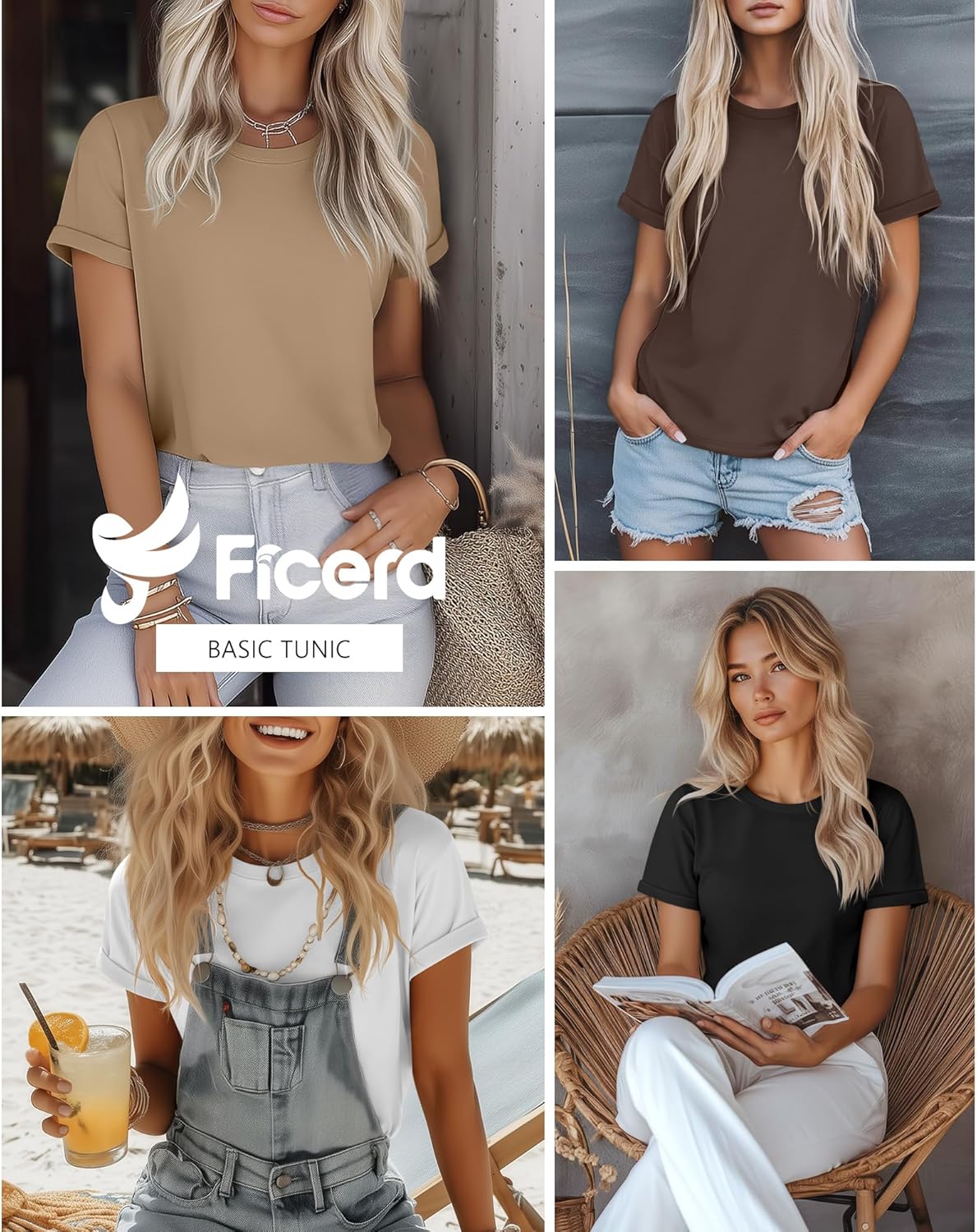 Ficerd 4 Pack Women's Cotton T Shirts Casual Short Sleeve Tunic Tops Crewneck Plain Summer Loose Fit Rolled Sleeve Basic Tee - Image 2