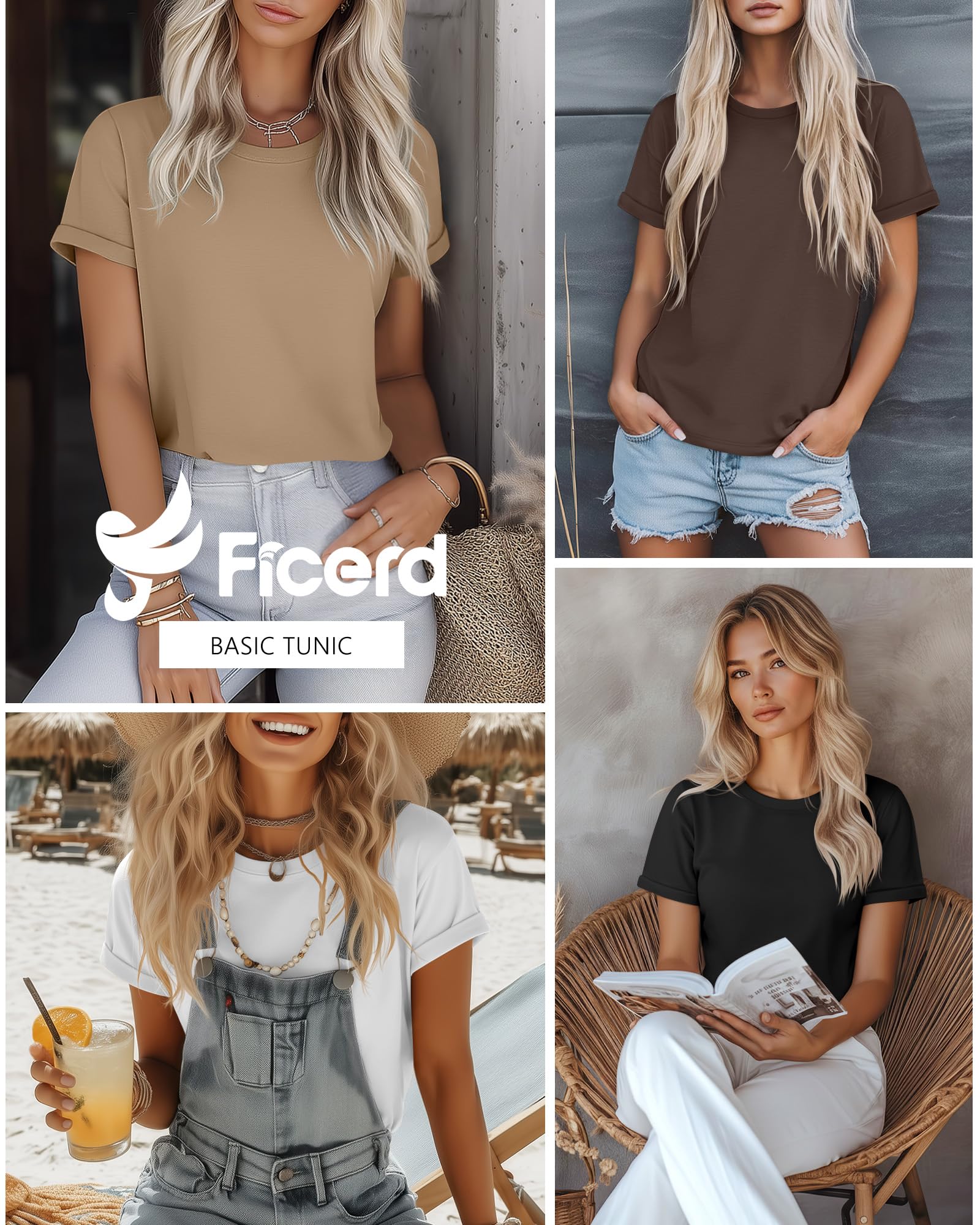 Ficerd - Pack de 4 Camisetas de Algodón para Mujer Estilo Informal de Manga de Verano Holgadas con Mangas Enrolladas Camiseta