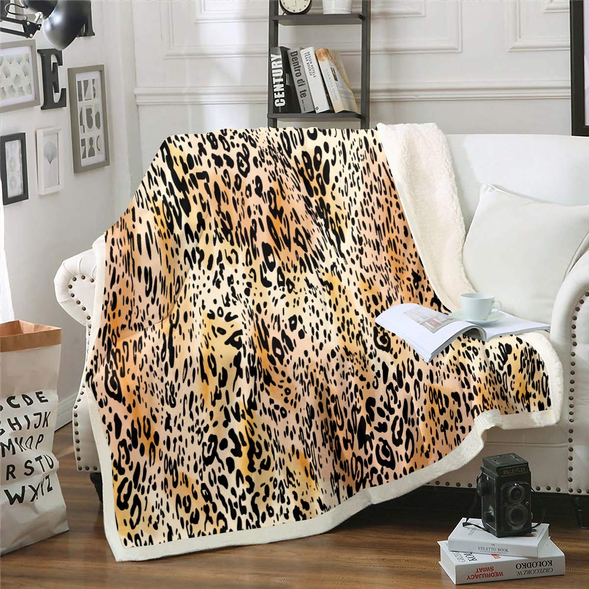 Loussiesd Leopard Print Plush Throw Blanket Cheetah Print Blanket for Bed Couch Travel Wild Animal Theme Fleece Blankets Wildlife Style Luxury Yellow Room Decor Sherpa Blanket Single 50"x60"