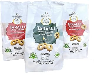 Terre Di Puglia, Taralli Hot Papper and Classic Olive Oil Baked Snacks, Imported from Italy, 8.8oz (Pack of 3)+ Includes 2 Hot Pepper packs and 1 Classic Style pack- SoHappyStore Bundle