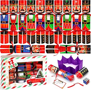SURCVIO 12 Pack Non-Snap Christmas Table Party Favors with Party Hats Joke Little Gifts for Kids Adults, Christmas Cute Nutcracker Characters Design, Xmas Seasonal Holiday Dinner Traditions Supplies