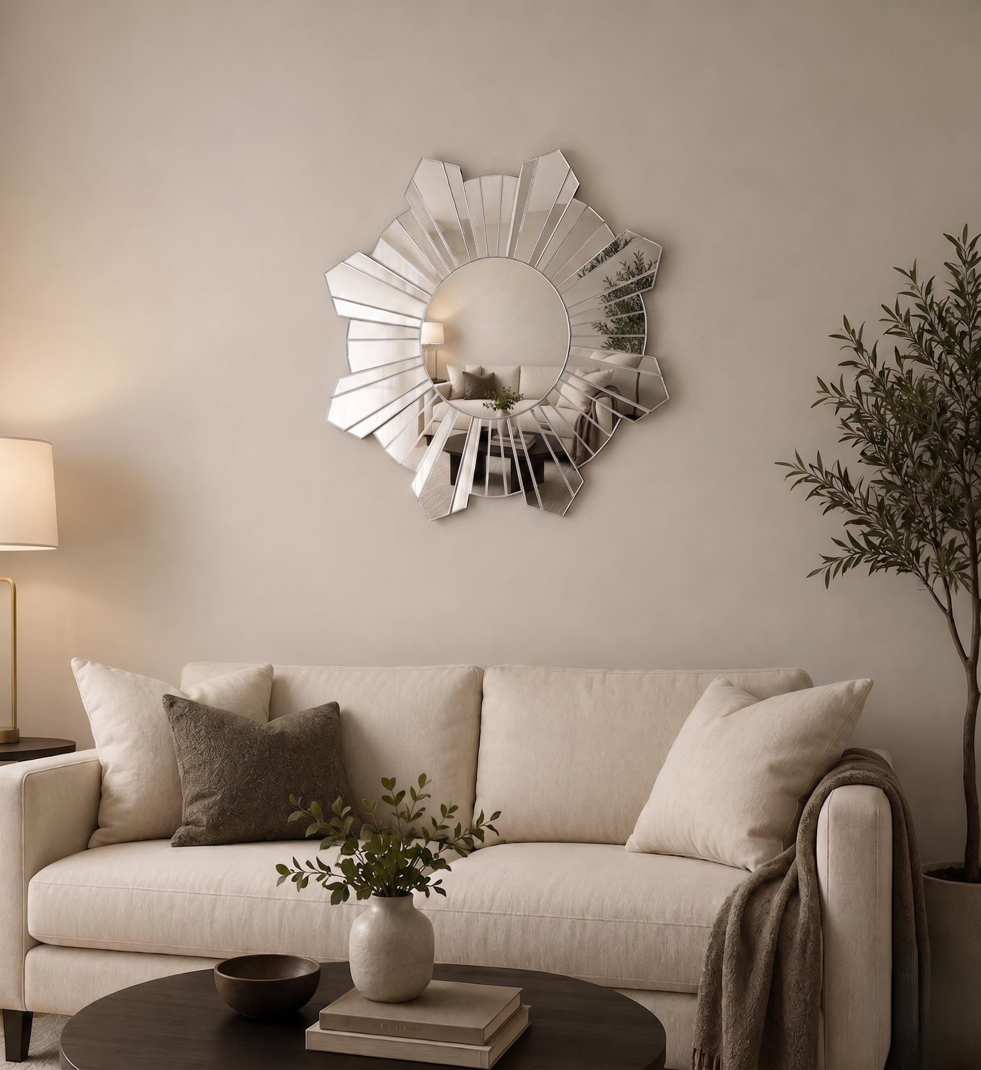 Biznest Silver Contemporary 65Cm Hanging Mirror Sunburst Home Decor Round Wall Mounted