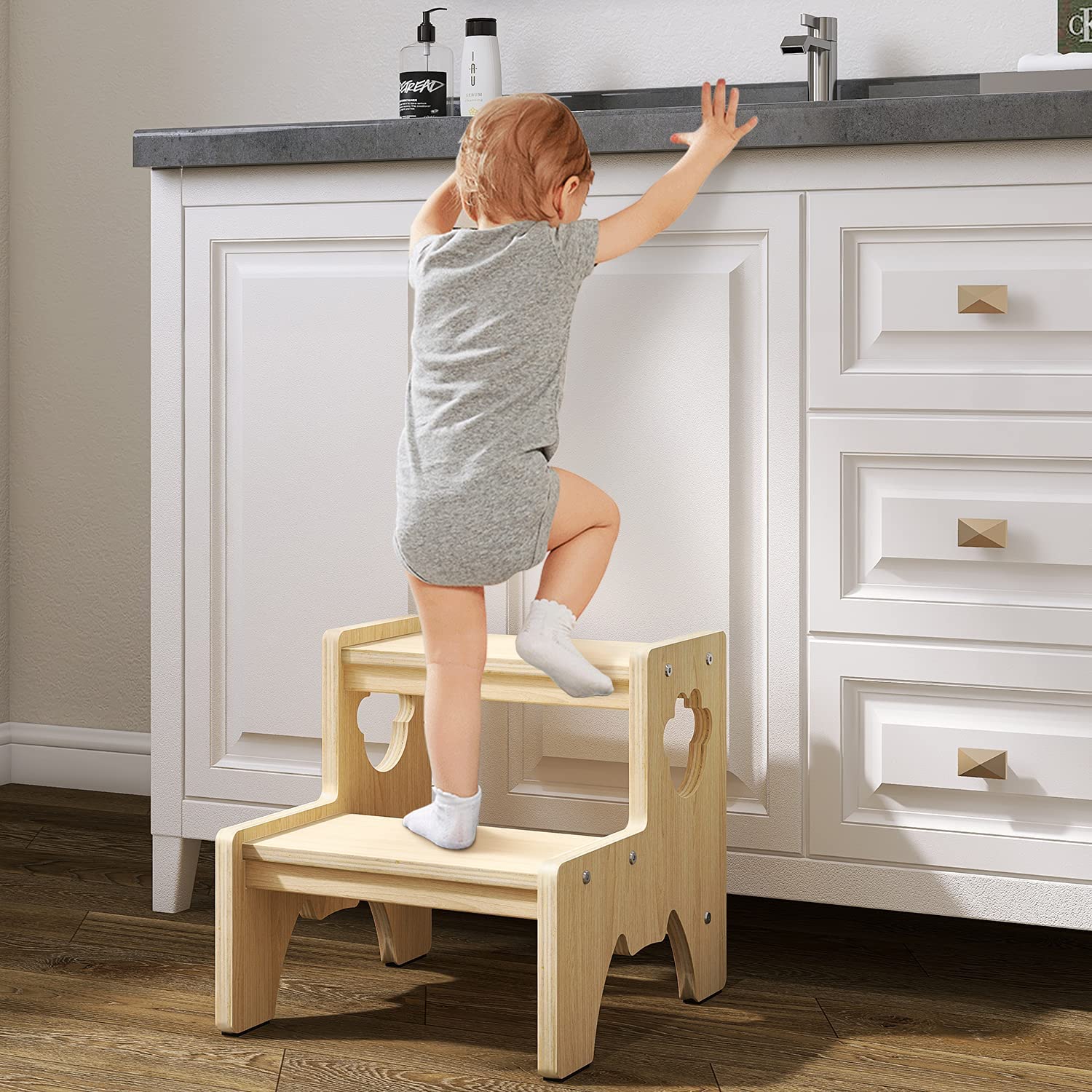 BOWDANIE Wooden Step Stool for Toddlers Sink - Two Step Stool for Kids Potty Training, Kitchen Step Stool Potty Stool with Non-Slip Pads and Carpet : Baby