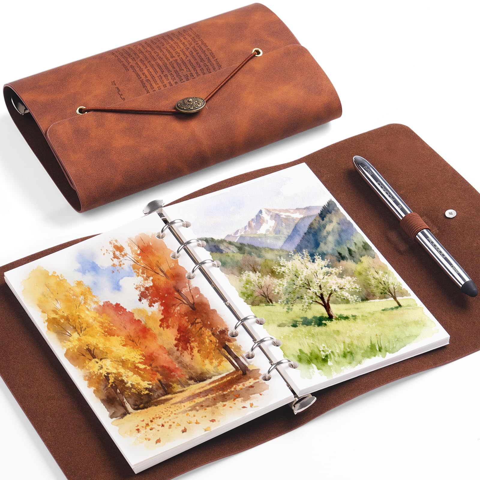 Fuumuui Watercolor Sketchbook with Dual-Tip Travel Brush, 20 Detachable Sheets, 100% Cotton, Acid-Free, 300gsm/140lb Cold Press Paper, Pocket Size Watercolor Journal for Artists, Adults & Students