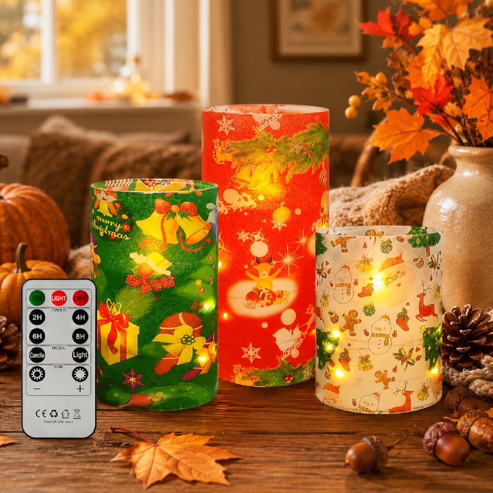 Floral Flameless Candles with String Lights - 3pcs Battery Operated Candle Flickering Christmas LED Pillar Candles with Timer Remote for Home Decor Romantic Ambiance,CH