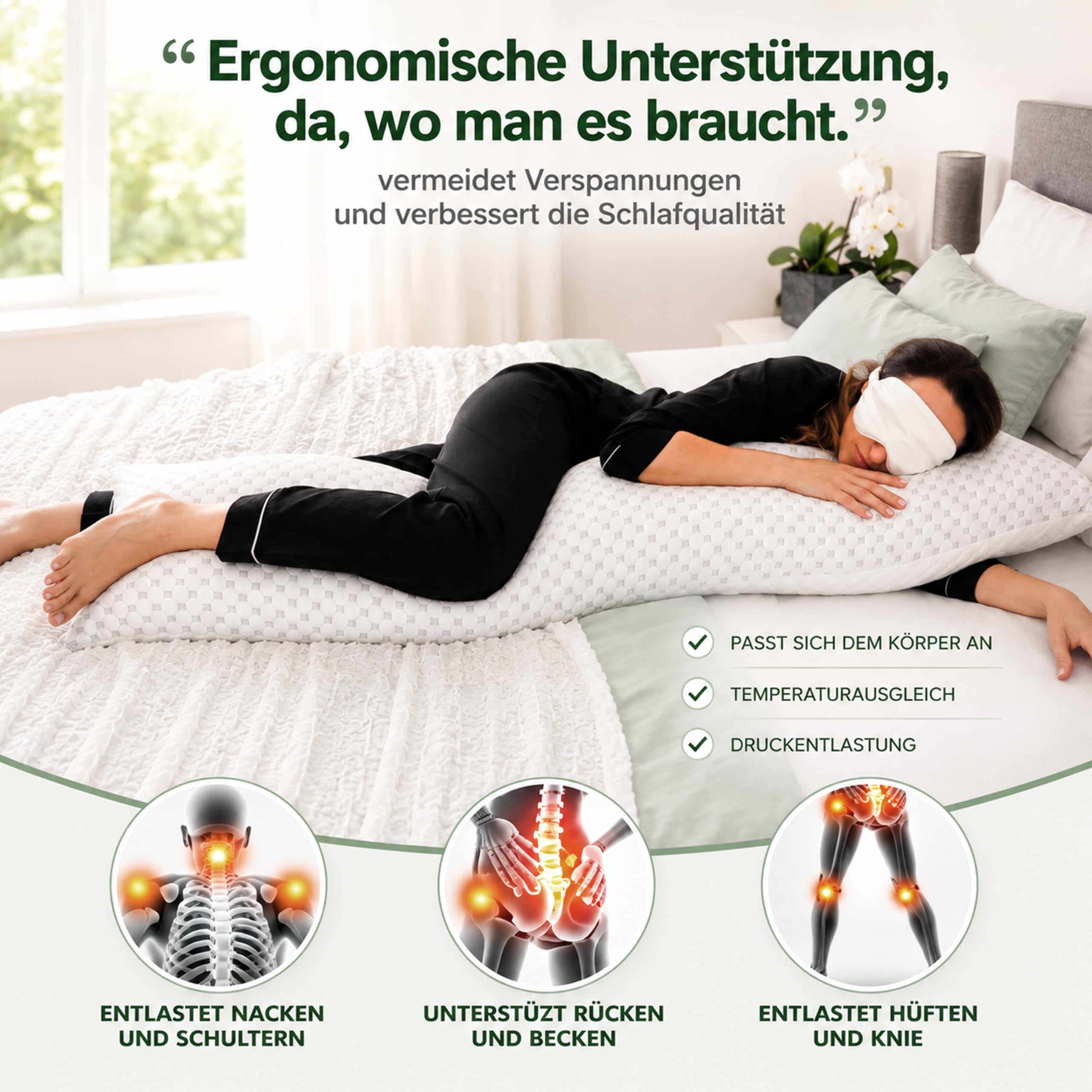 Bundle Set Seitenschläferkissen 40 x 145 cm & höhenverstellbares Memory Foam Nackenkissen – Ergonomisches Schlafkissen-Set für Seiten-, Rücken- & Bauchschläfer