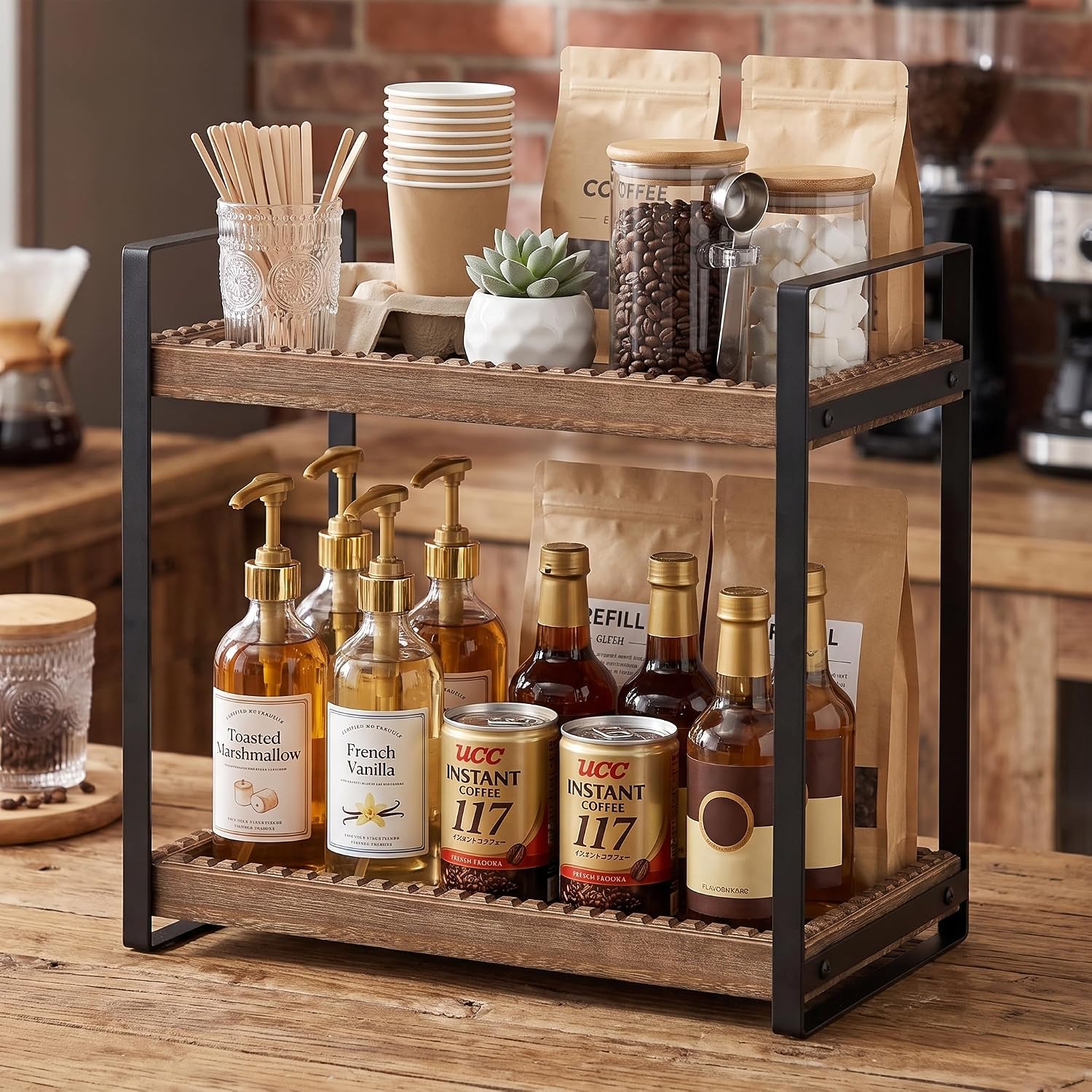Coffee Station Organizer, 2 Tier Wooden Shelf for Coffee Bar Accessories with Multi-Functional, Farmhouse CoffeeBar Decor for Tea Bags Pods Syrup Kcup, Condiment Caddy for Kitchen Home Office, Brown
