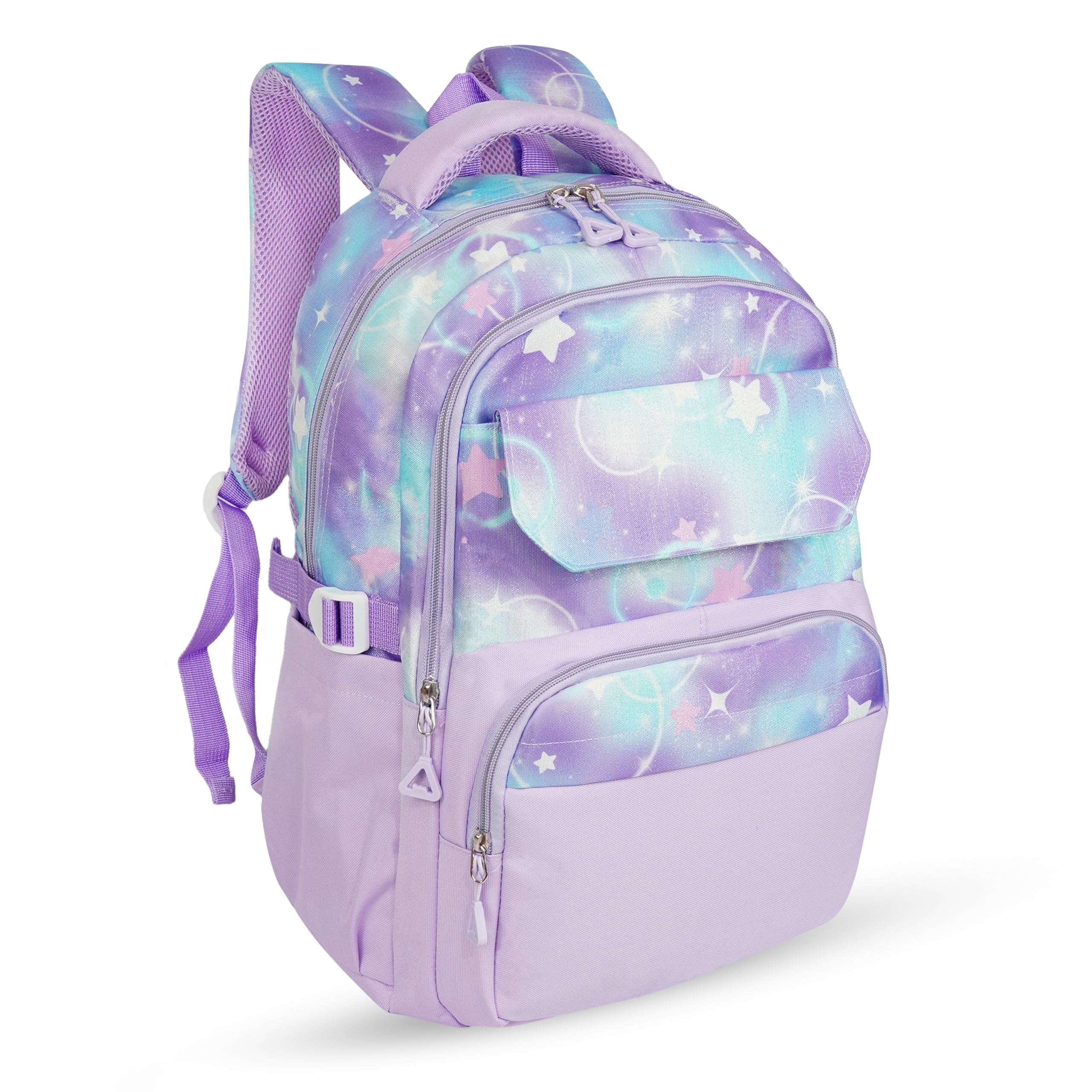Lavender Galaxy Backpack for Girls – School Bag with Star Print, Multiple Compartments, Water Bottle Holders & Velcro Closure – Ideal for Kids & Teens-image-12