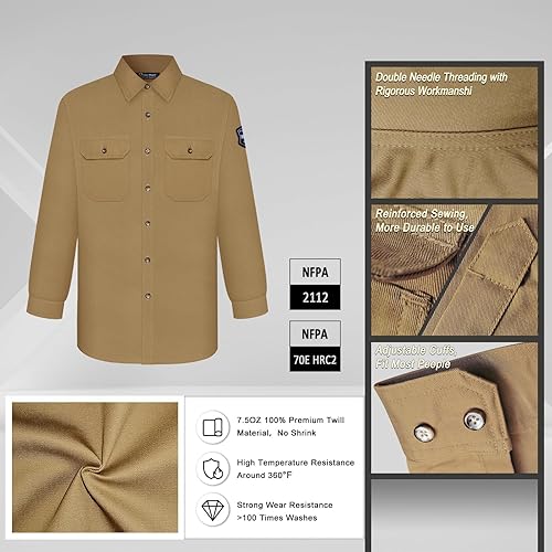 Miniatura 3 de Uno Mejor FR Shirts - Camisa de soldadura resistente al fuego de 7.5 onzas, ropa 100% C FR para hombres, chaqueta de soldadura ignífuga para hombres