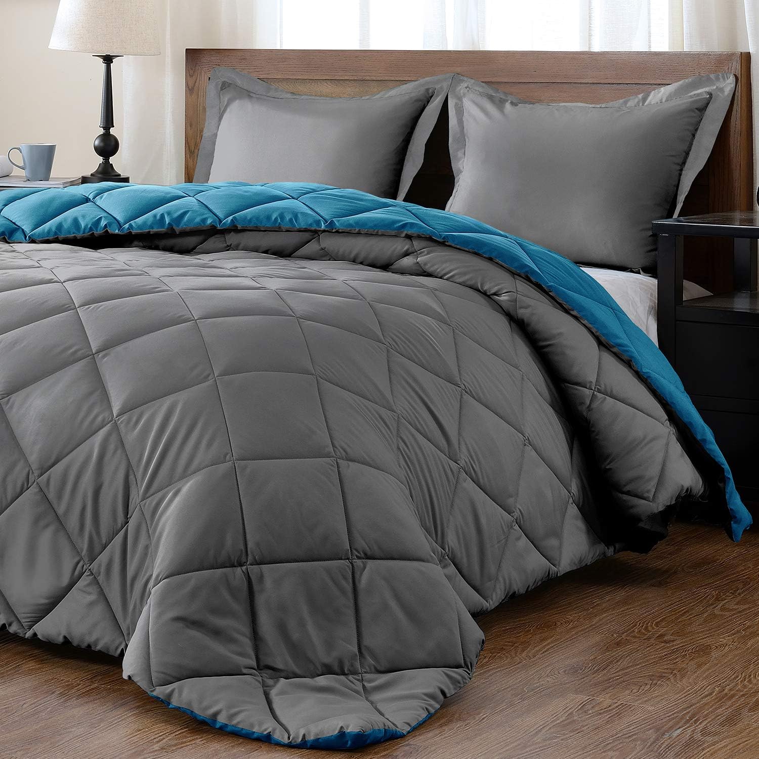 Reversible Comforter Down Alternative 3 Pcs Comforter Set (Ocean/Gray, Oversized King (98'' x 120'') 3 Pcs) 1 Comforter with 2 Pillowcase 1000 Tc Soft Cotton