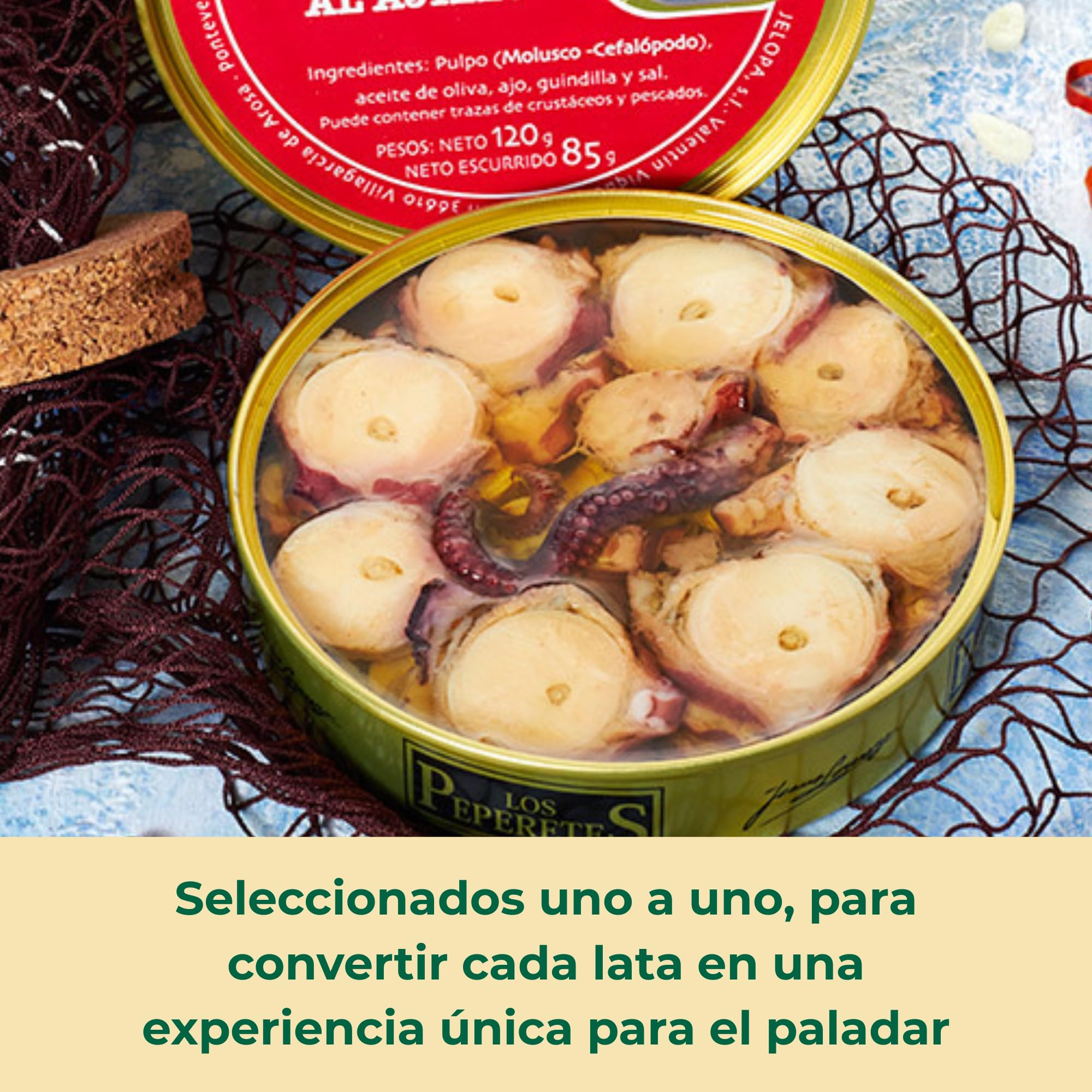 LOS PEPERETES Pulpo al Ajillo 120 g | Marisco Gallego Gourmet | Conserva Artesanal en Aceite de Oliva con Ajo Natural | Pulpo del Atlántico | Sabor Tradicional de Galicia