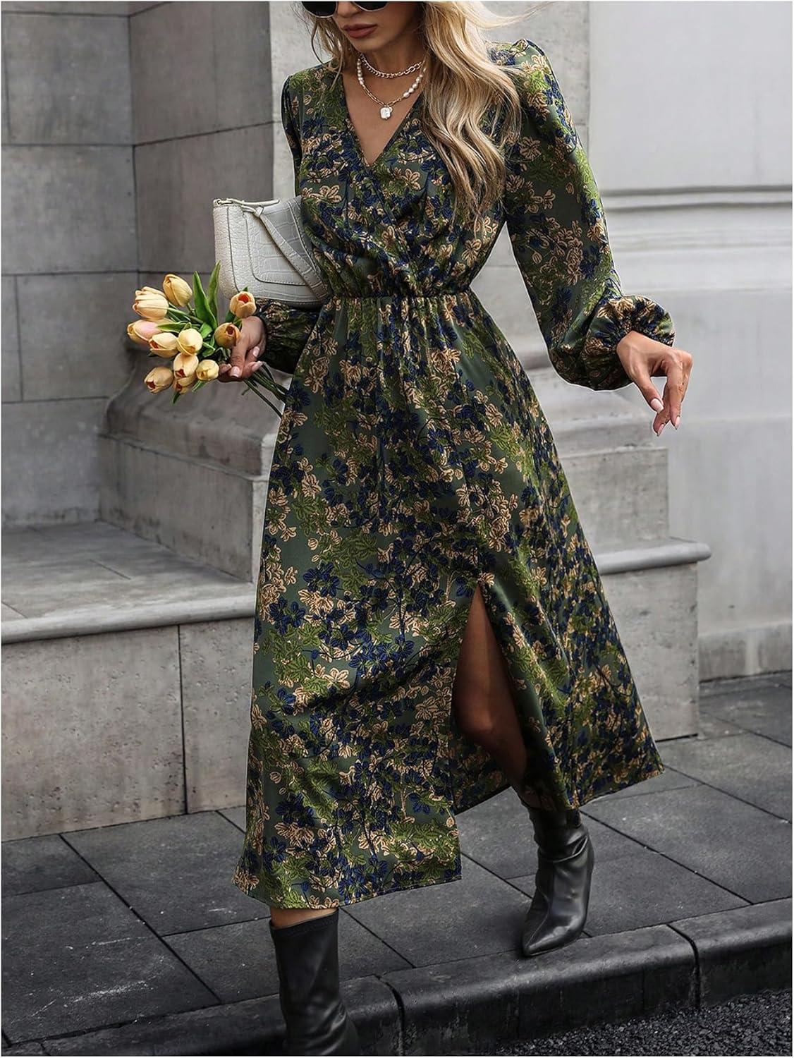 Women's Floral Wrap V Neck Dress Vintage Lantern Sleeve Slit Maxi Beach Sundress Wedding Guest Dresses - Image 2