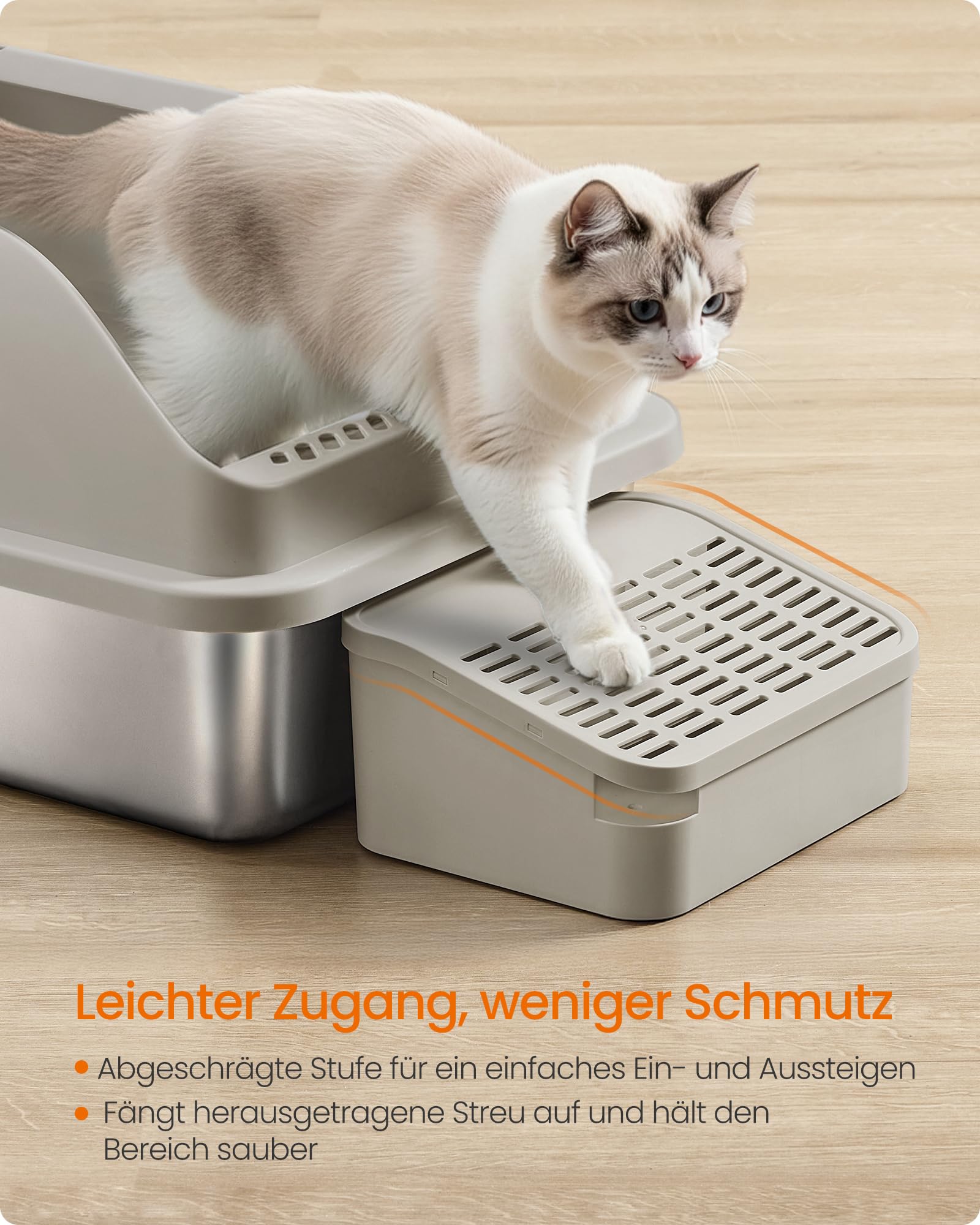 Feandrea Katzenklo Edelstahl XXL, mit Hohem Rand, Treppe und Schaufel | Offene Katzentoilette für Große Katzen, Geruchsneutral, 62 x 42 x 30 cm, Kaffeebraun, BOXAL Kollektion PPT008K101