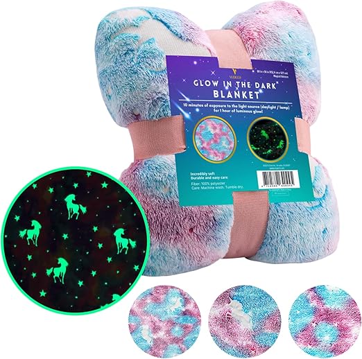 VUDECO Glow in The Dark Blanket Unicorns Gifts for Girls, Birthday Gifts for Kids, Girl Toys for Age 1 2 3 4 5 6 7 8 9 10 Year Old Girls, Soft Kids Blankets, 60 x 50in