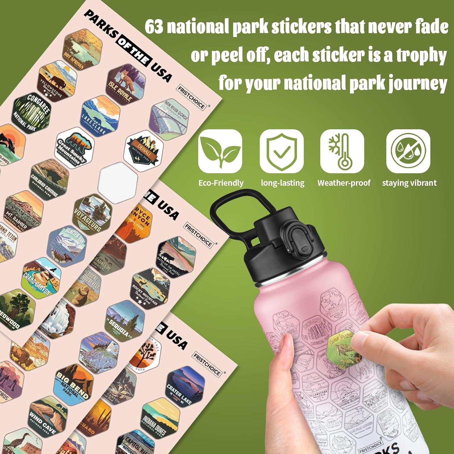 National Parks Water Bottle with 63 Waterproof Stickers,32oz Double Wall Vacuum Stainless Steel Wide Mouth Insulated Travel Water Bottle with Spout Lid,BPA-free and Leak-proof (32oz,Pink white) - Image 2