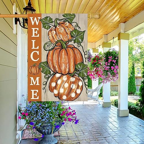 Miniatura 2 de Banderas de jardín de otoño para exteriores, bandera de calabaza para patio, 12 x 18 pulgadas, doble cara de Acción de Gracias con lunares,