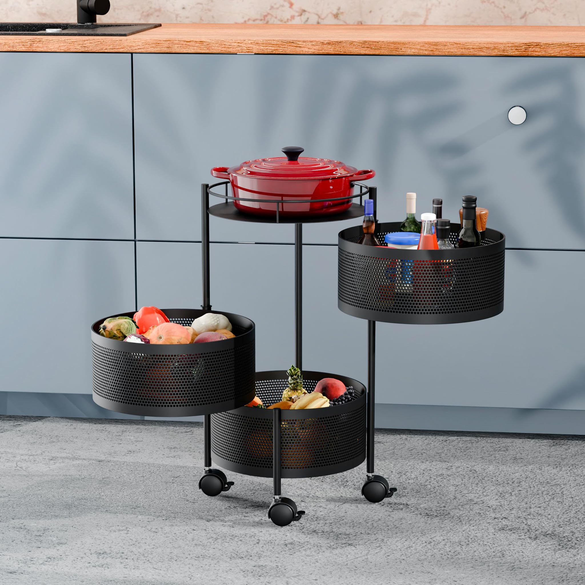 TEX-RO Kitchen Trolley with Wheels | 3-Layer Metal Vegetable Basket Stand & Kitchen Storage Rack | Multipurpose Kitchen Organizer for Onion Potato Storage (Round)