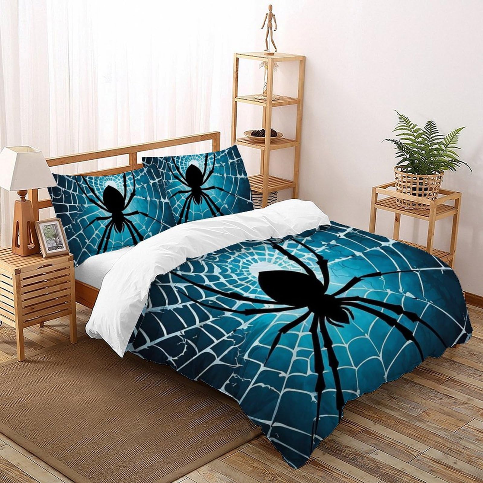 Housse de couette araignée anti-plis en microfibre avec fermeture éclair pour lit 2 places