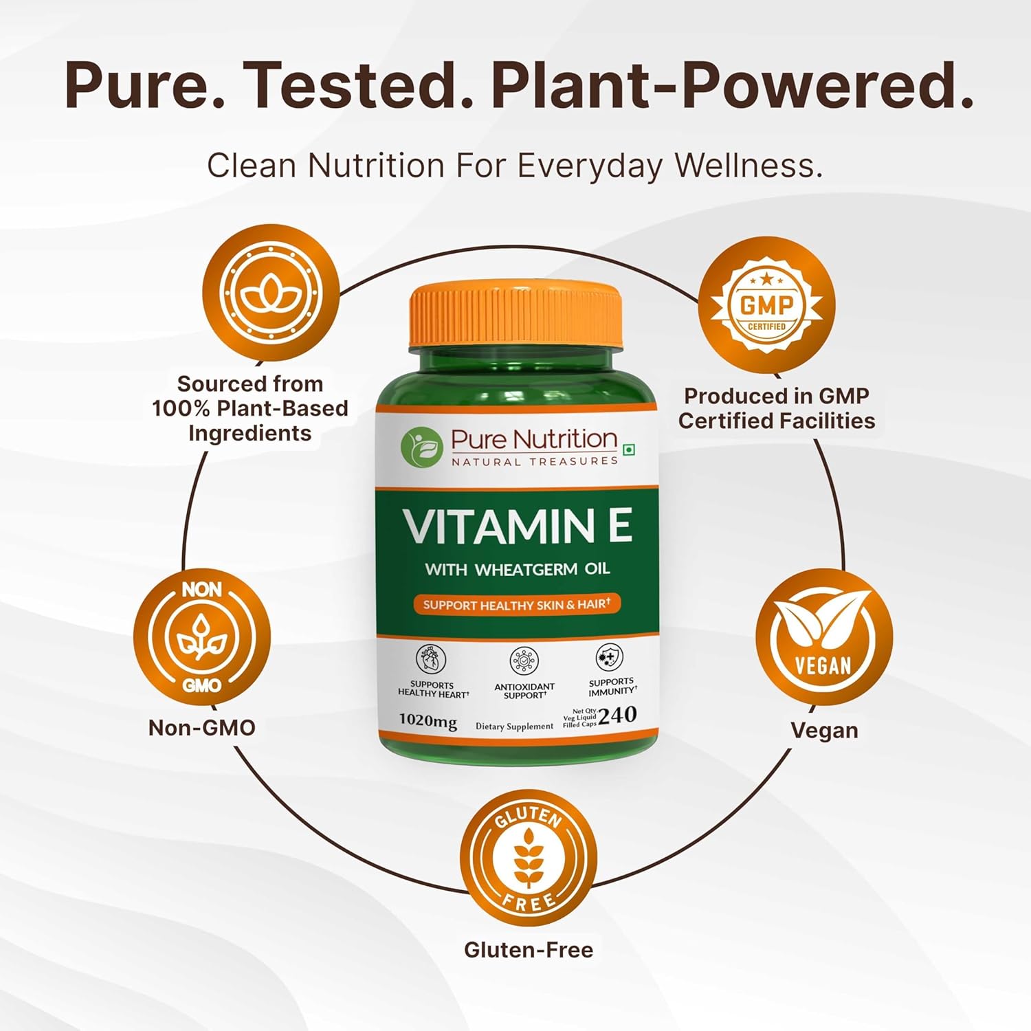 Pure Nutrition Vitamin E with Wheatgerm Oil, 1020mg |240 Caps | Natural Source of Vitamin E | Hair and Skin Supplement | Non GMO