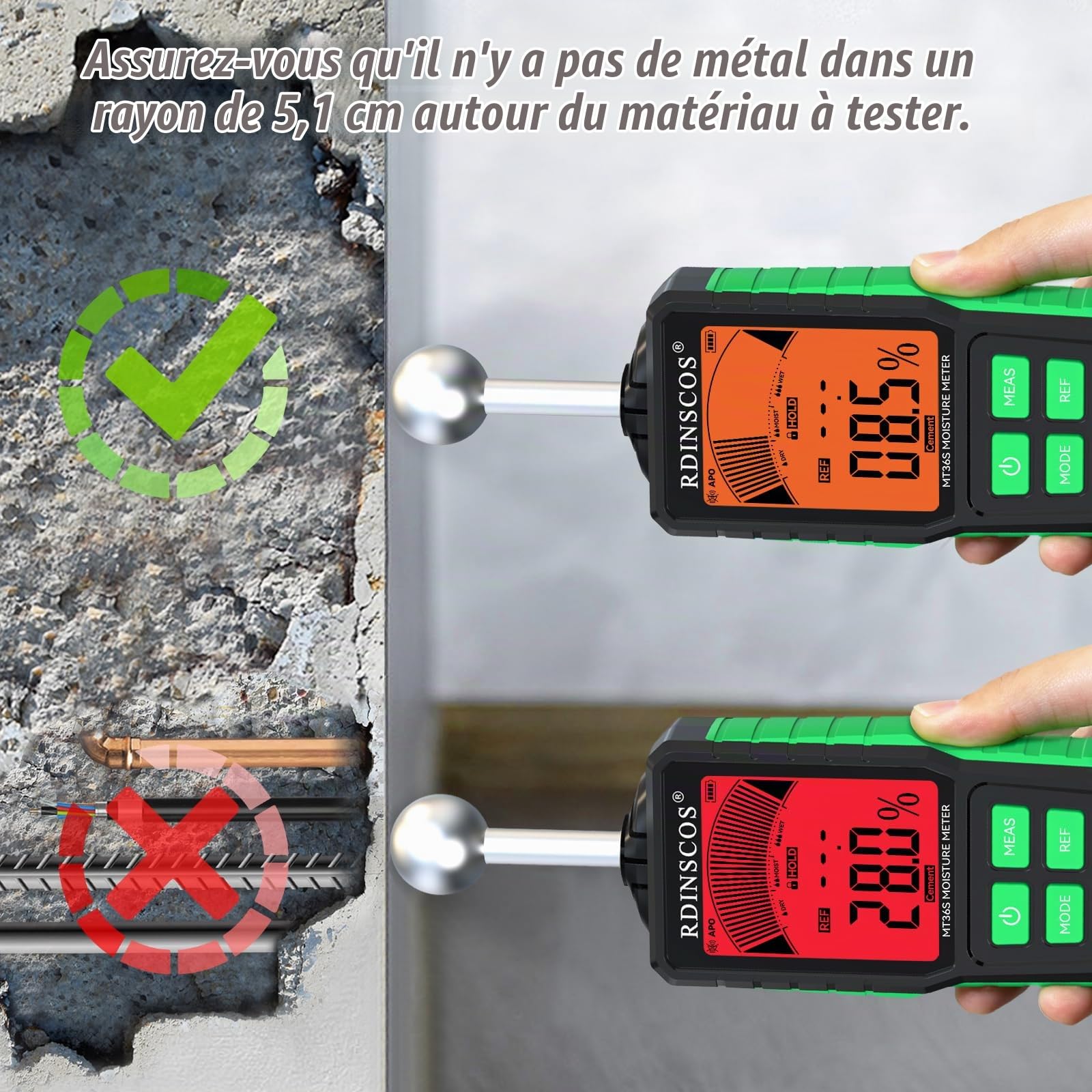 Testeur Humidité,RDINSCOS Détecteur Humidité 20-40mm Rechargeabilité Humidimetre avec Ecran LCD Couleur NON Destructif Testeur d'humidité pour Murs,Bois,Maçonnerie,Béton