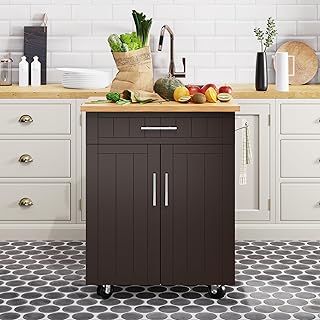 Shintenchi Kitchen Island Cart with Storage,Rolling Kitchen Island Side Table on Wheels with Large Worktop,Storage Cabinet,Towel Rack and Drawers for Kitchen,Dinning Room, Brown