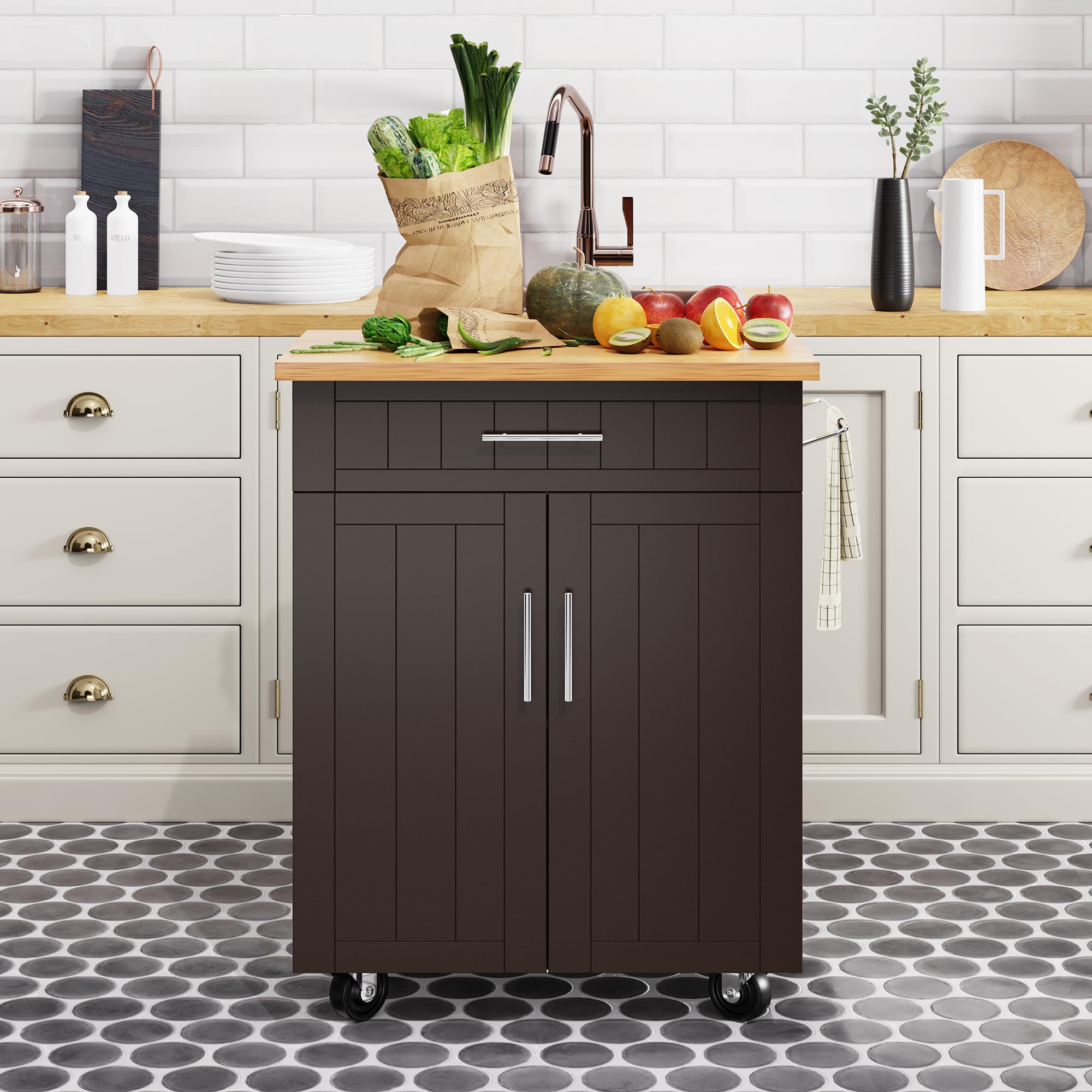 Shintenchi Kitchen Island Cart with Storage,Rolling Kitchen Island Side Table on Wheels with Large Worktop,Storage Cabinet,Towel Rack and Drawers for Kitchen,Dinning Room, Brown