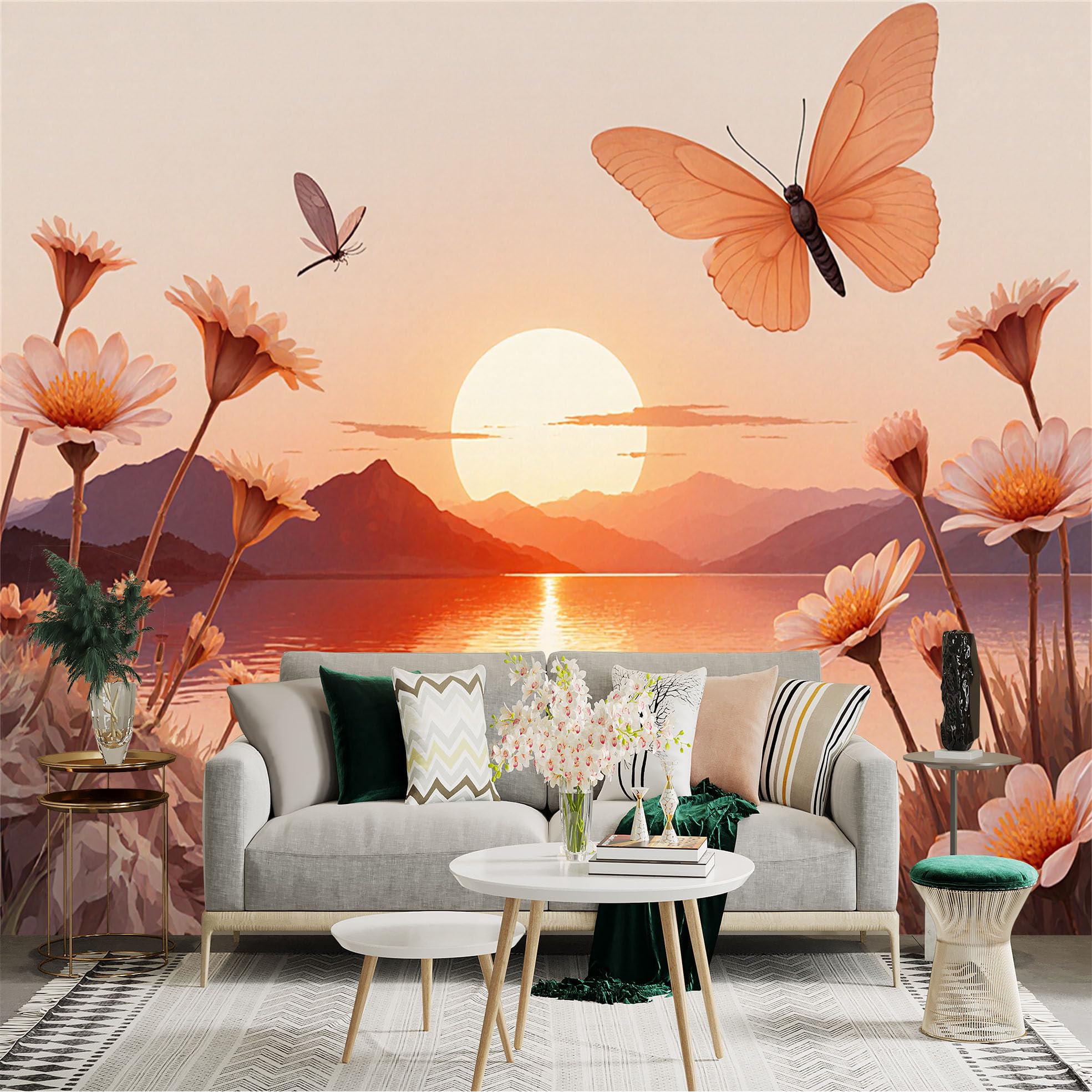 Lnzczhyre Xc260505115 Custom Size Wall Sticker Mural， Sunset Landscape With Flying Butterflies And Wildflowers， Scenic Lake View， For Wall Decoration， Peelandstick Wall Decals.