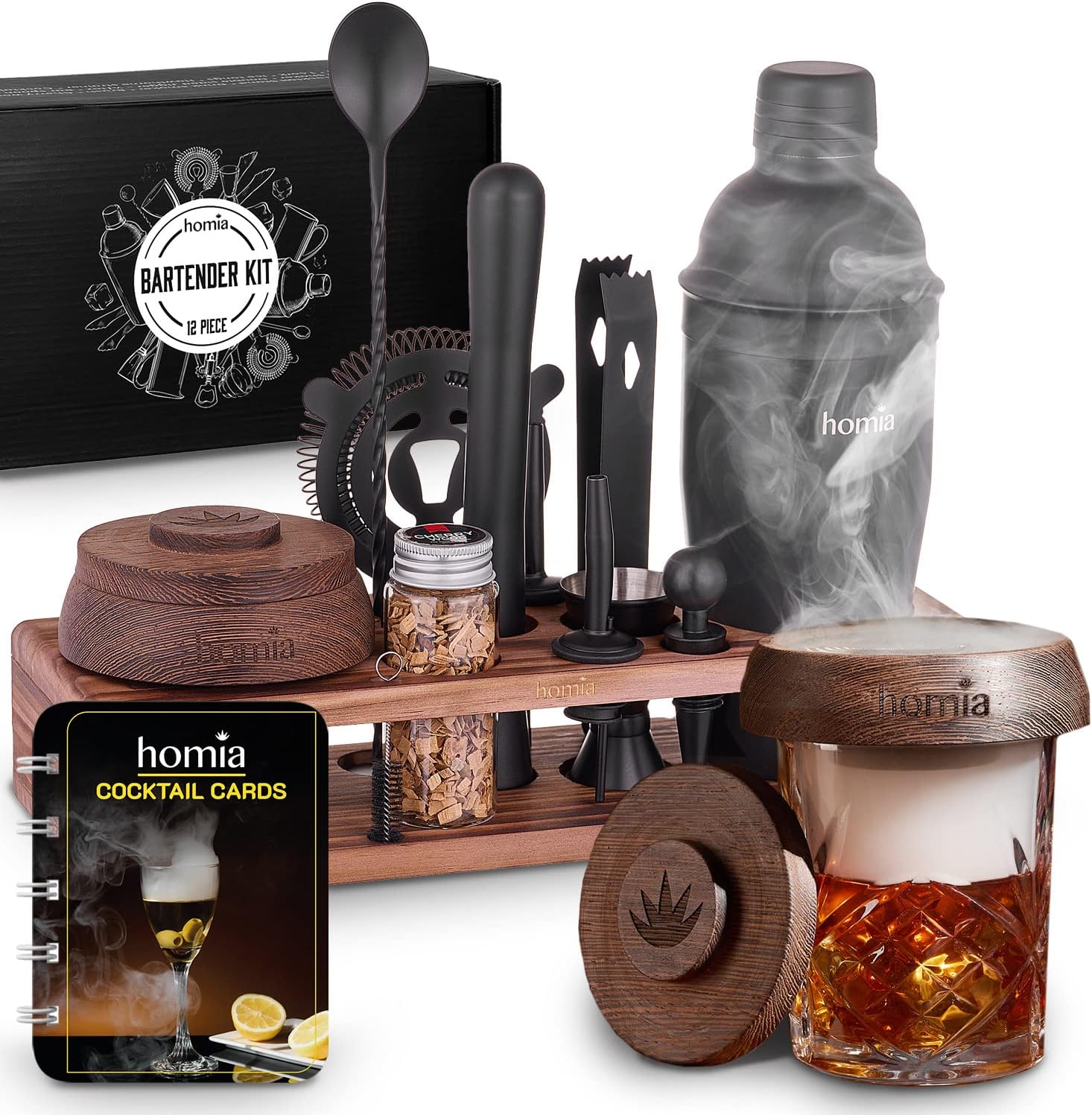 Bartender Kit with Whiskey Smoker - 13 pcs, Pine Stand - Bar Set with Cocktail Shaker, Bartending Kit with Essential Bar Accessory Tools, Wood Chips, Matte