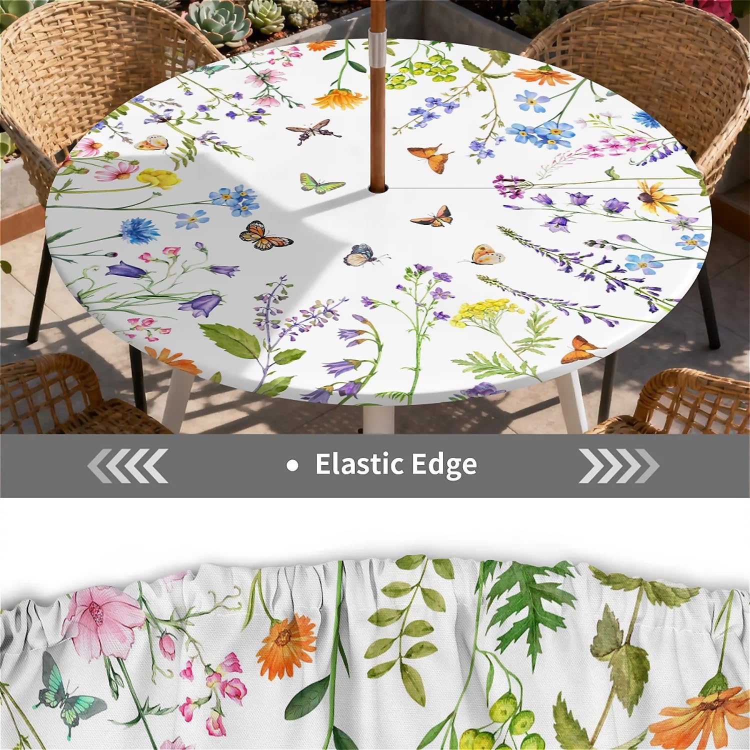 Tovaglia rotonda per esterni con foro per ombrellone e cerniera Fiori di farfalla motivo lavabile e pulibile - tovaglia con bordo elastico per patio, balcone e giardino, Ø 150 cm