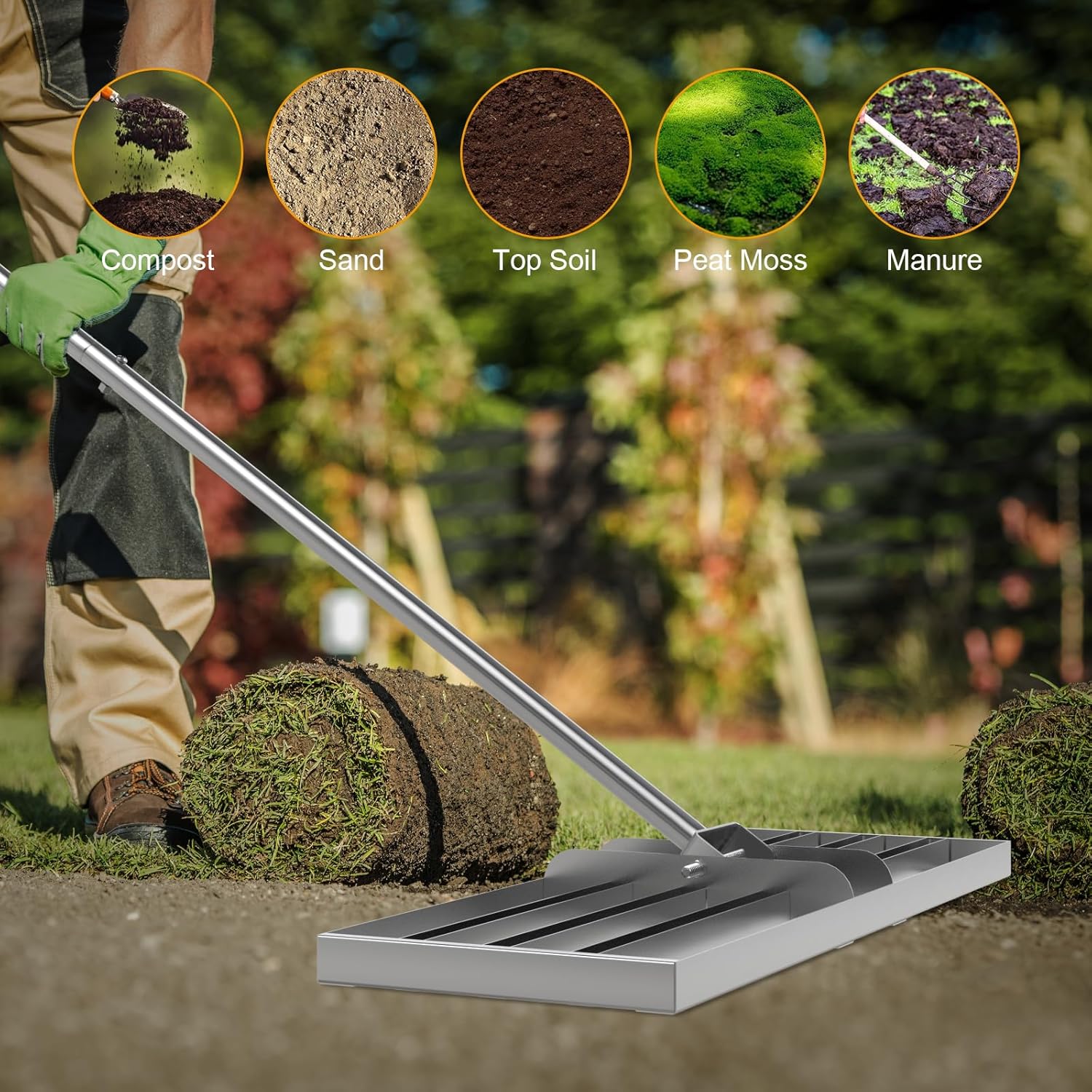BBQ-PLUS 48" Lawn Leveling Rake, Lawn Leveler Tool with 52"-78" Adjustable Telescopic Handle, Effort-Saving Level Rake for Dirt, Soil, Grass, Golf Course, Farm & Garden, Heavy-Duty Stainless Steel