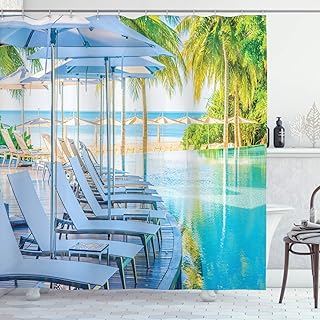 House Decor Collection, Luxury Hotel Pool near Beach Palm Trees Exotic Resort Umbrella Sunbed Chair Picture, Polyester Fab...