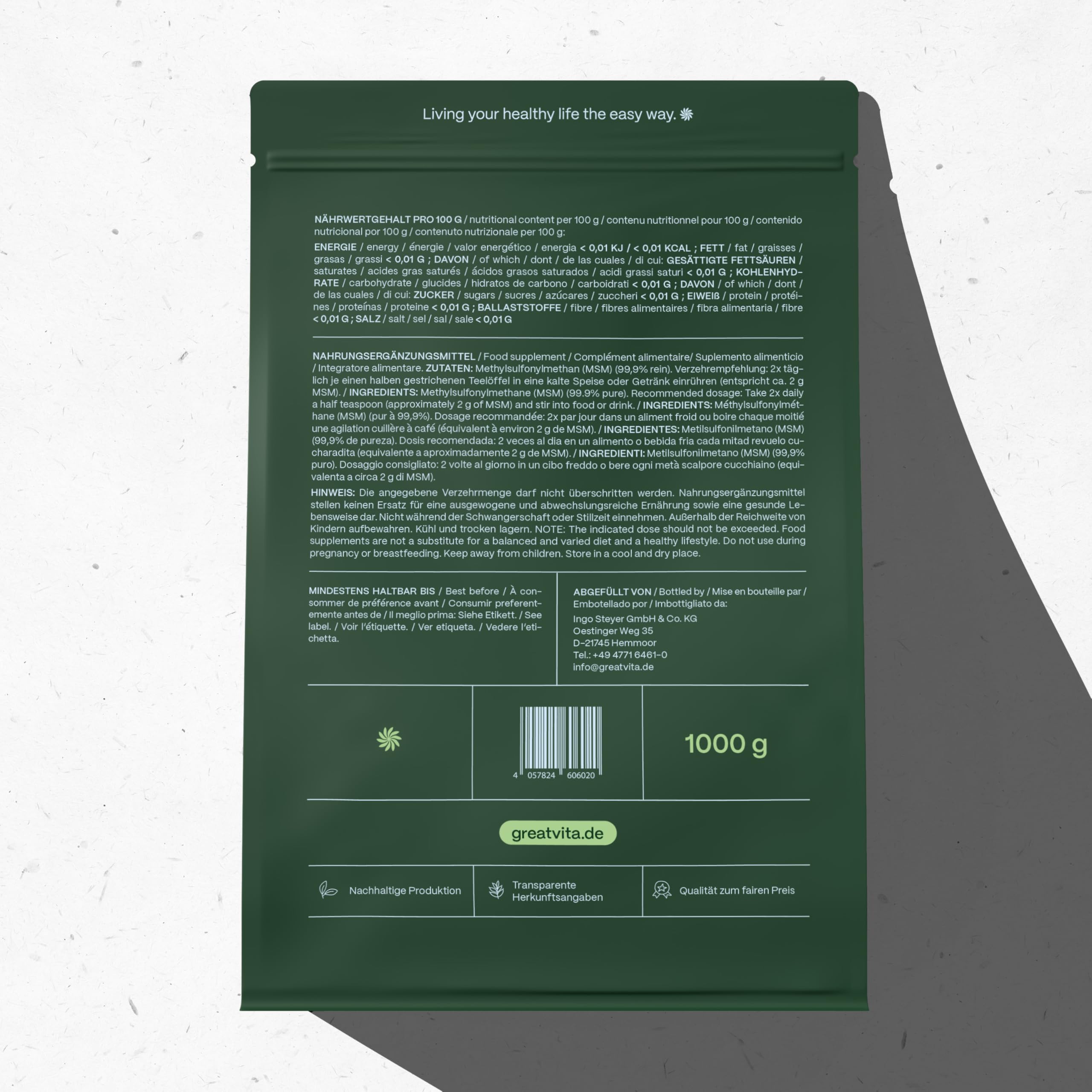 Poudre GreatVita MSM pure à 99,9%, méthylsulfonylméthane, 1000 g