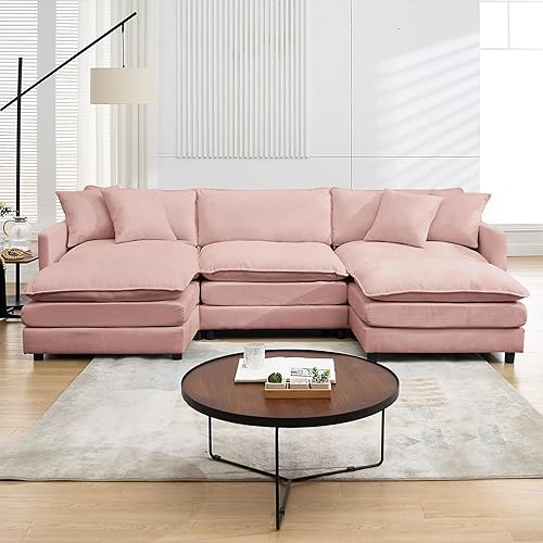 Miniatura 37 de Sofá modular modular de pana de 108.27 pulgadas para sala de estar con 3 asientos, 1 otomana y 3 almohadas, cómodos sofás de nube con otomana móvil,