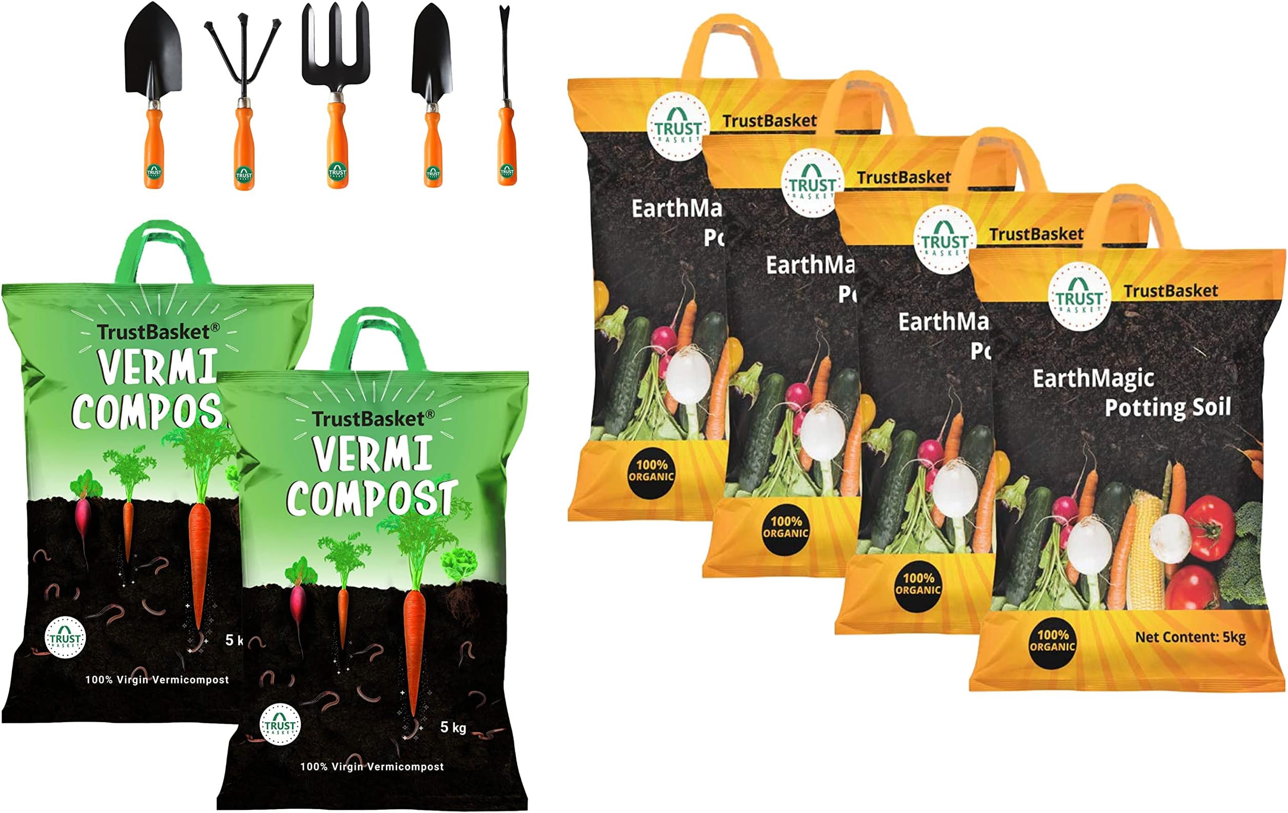TrustBasket Set of 5 Heavy Duty All Purpose Garden Tool Kit & Trust Basket Organic Vermicompost Fertilizer Manure- 10 Kg & Enriched Premium Organic Earth Magic Potting Soil Mix- 20 KG, Brown